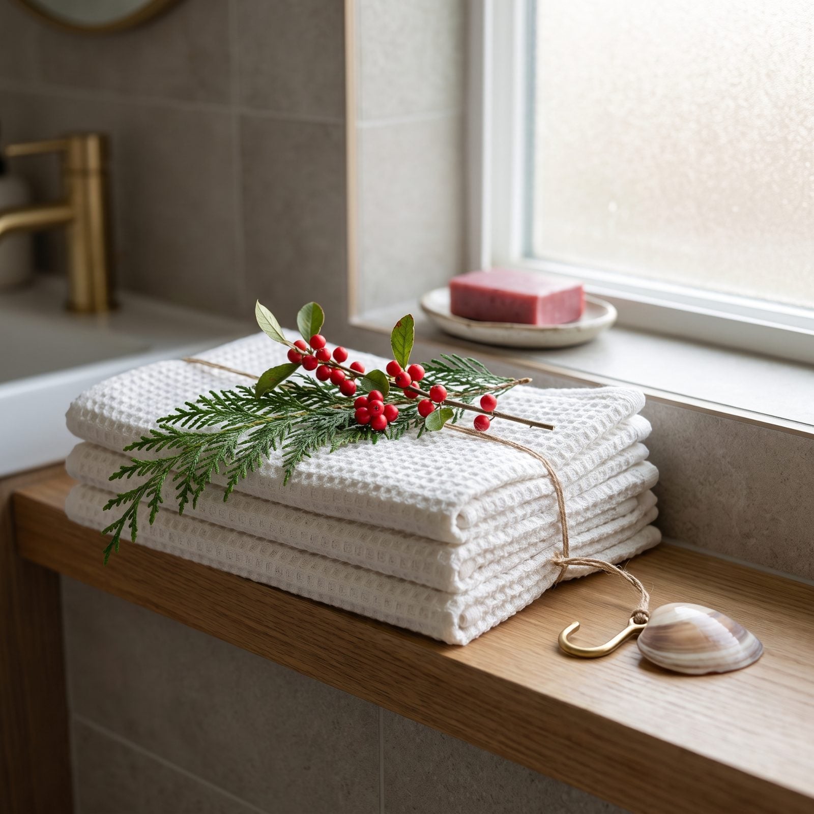 A Cedar Clipping Laid Across a Folded Guest Towel