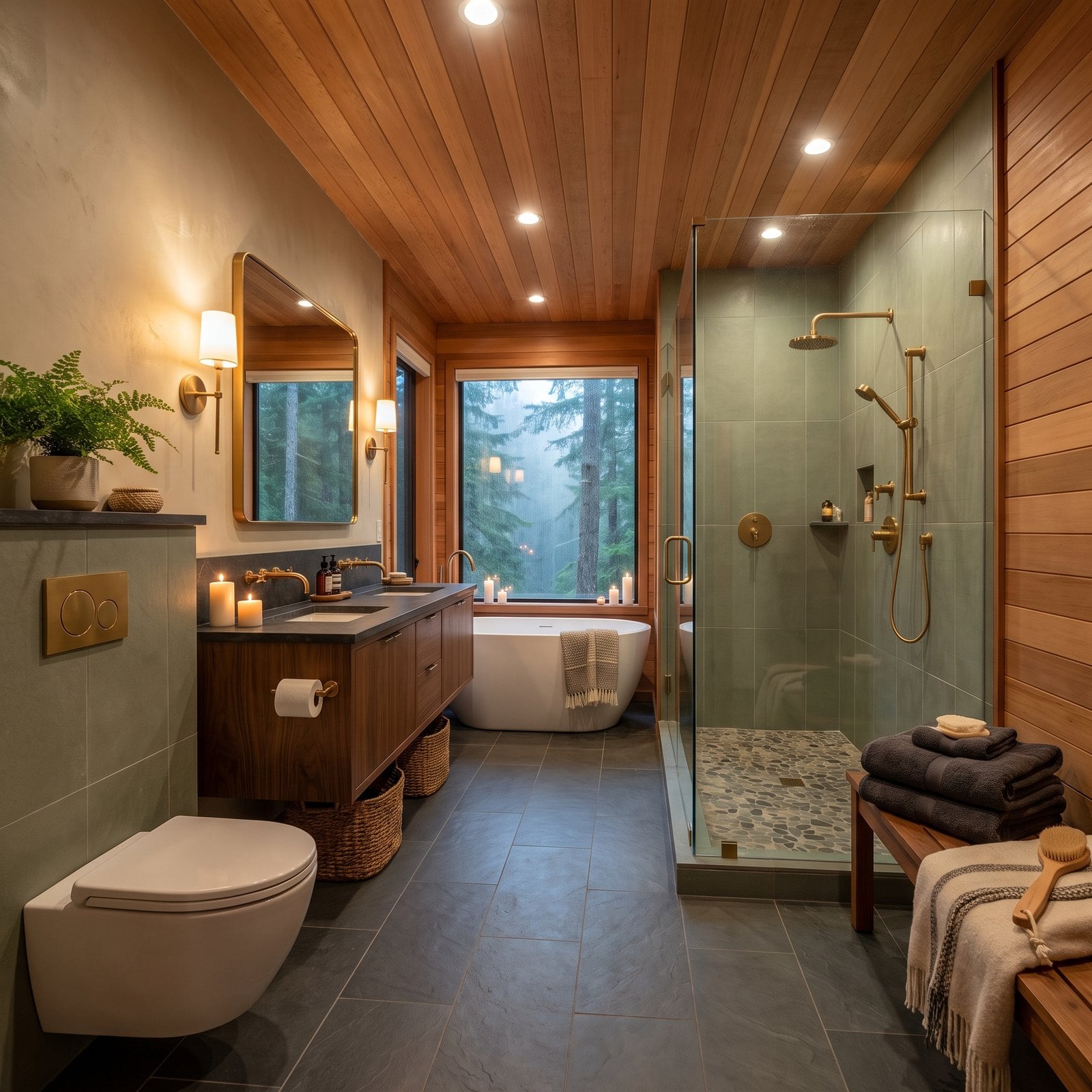 Cedar, Slate and a View of the Firs in a Pacific Northwest Bath