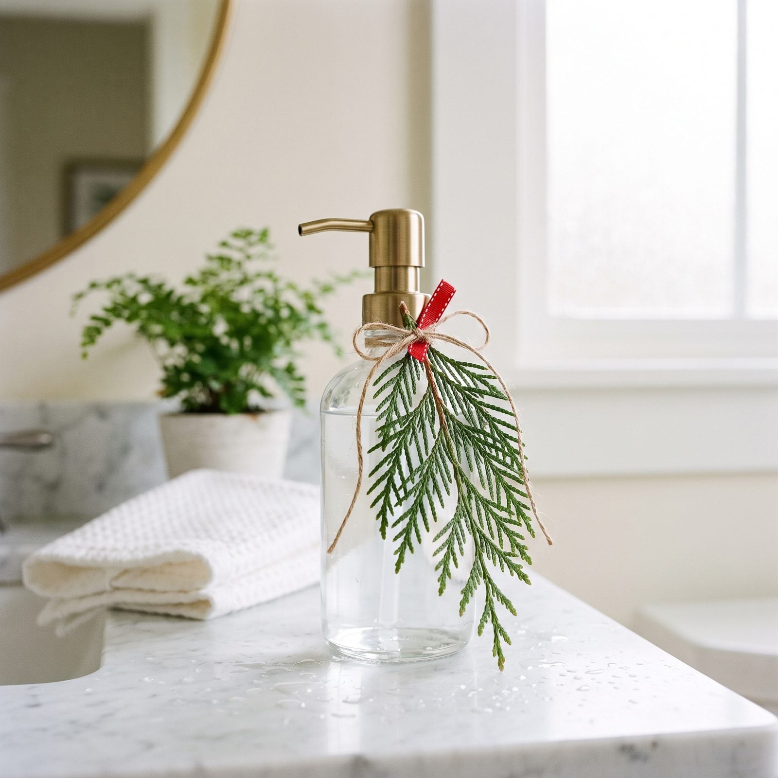 A Cedar Sprig Tied to a Soap Dispenser
