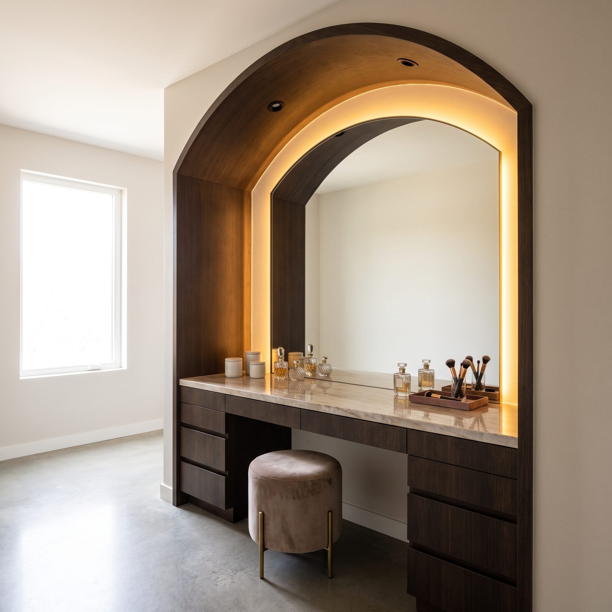 Burgundy built-in dressing vanity beneath a lowered bedroom ceiling with marble countertop and illuminated mirror