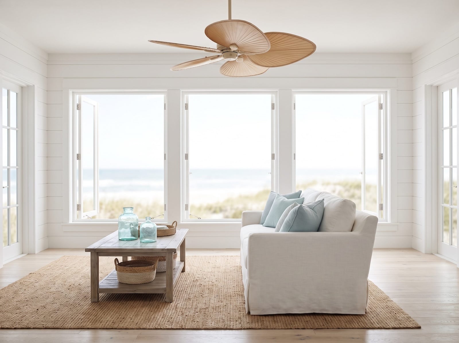 Ceiling fan in living room of beach house
