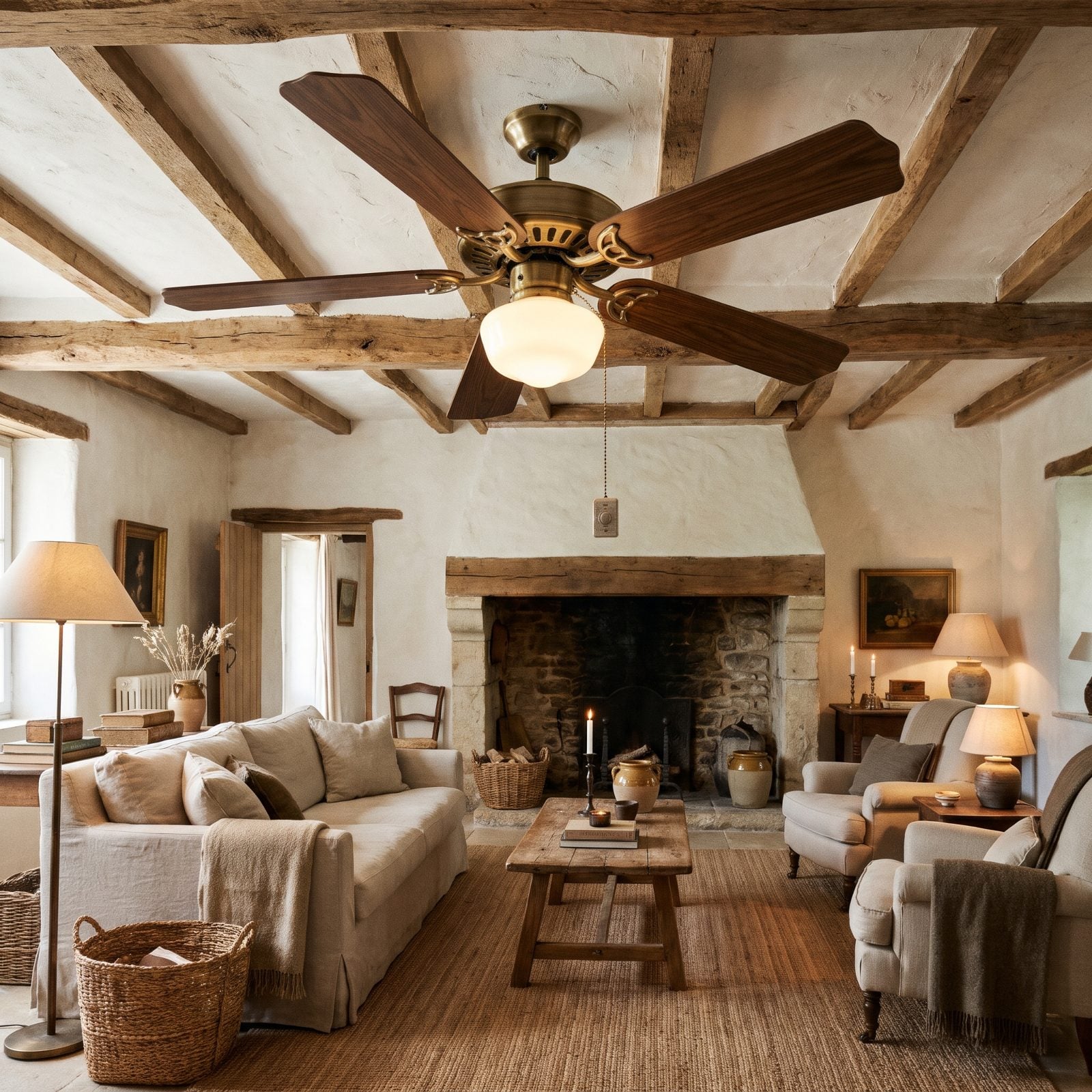 The Ceiling Fan With Five Brass Blades and a Light Kit Shaped Like a Globe