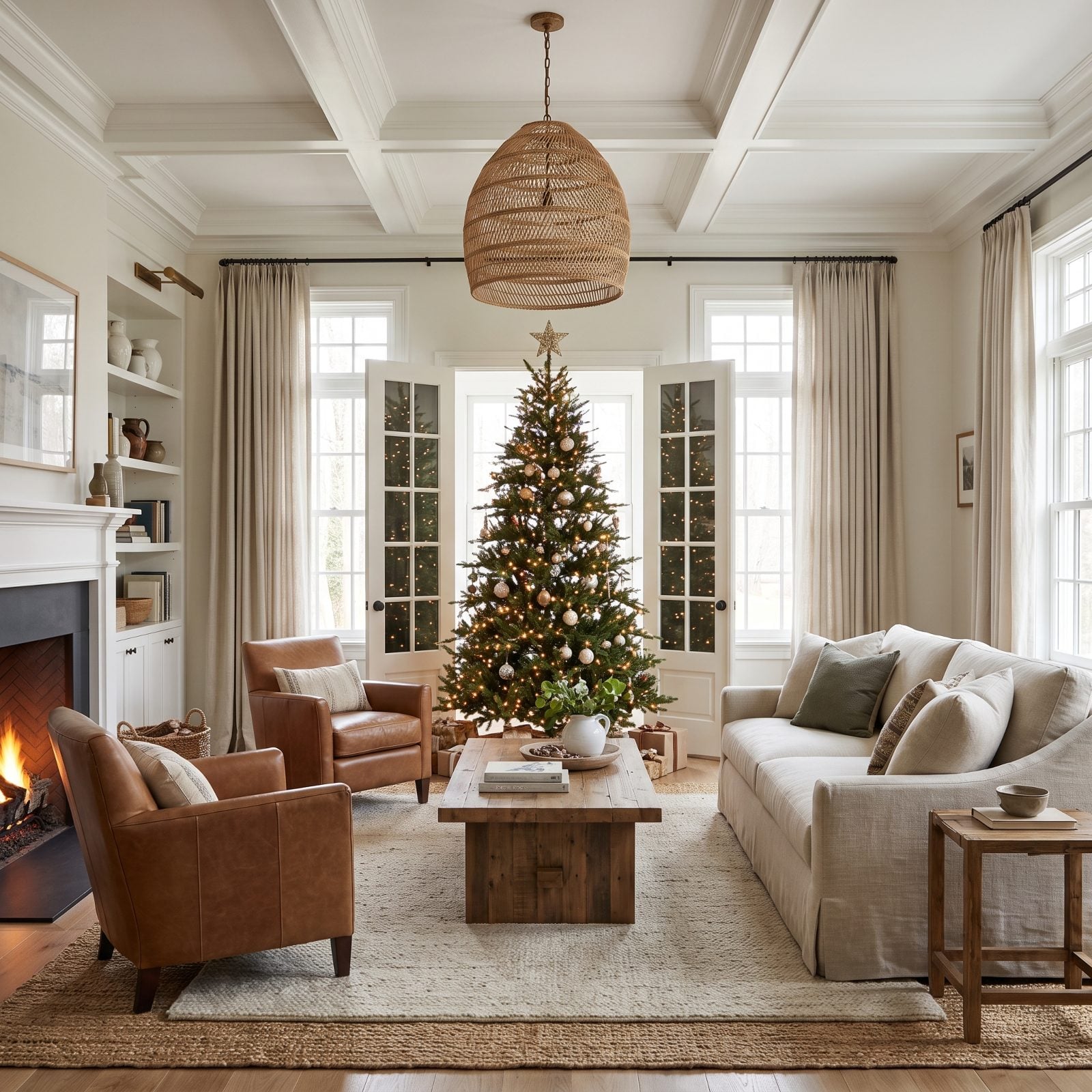 Centered in Front of Closed French Doors