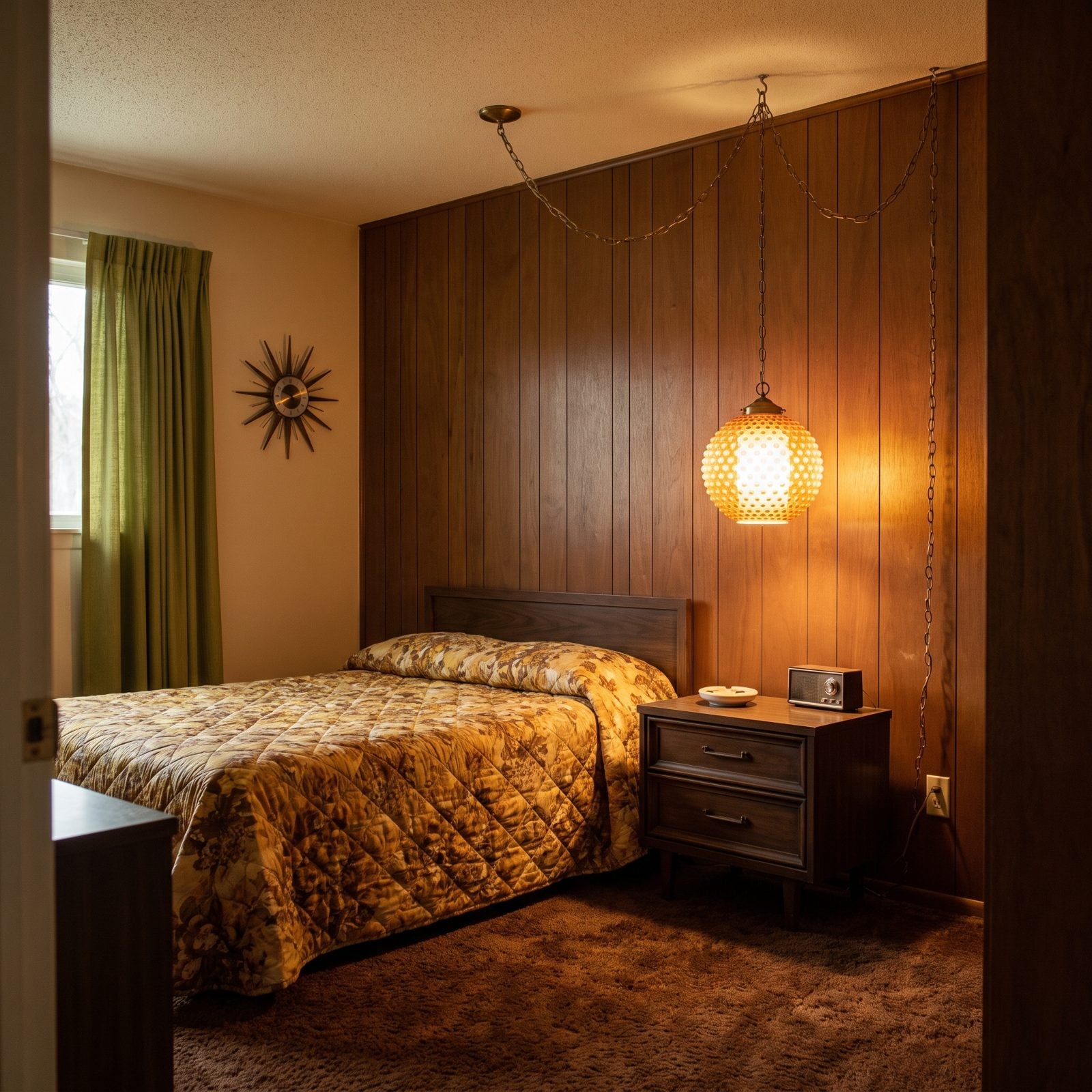 A Chain-Hung Swag Lamp Dangling Over the Nightstand