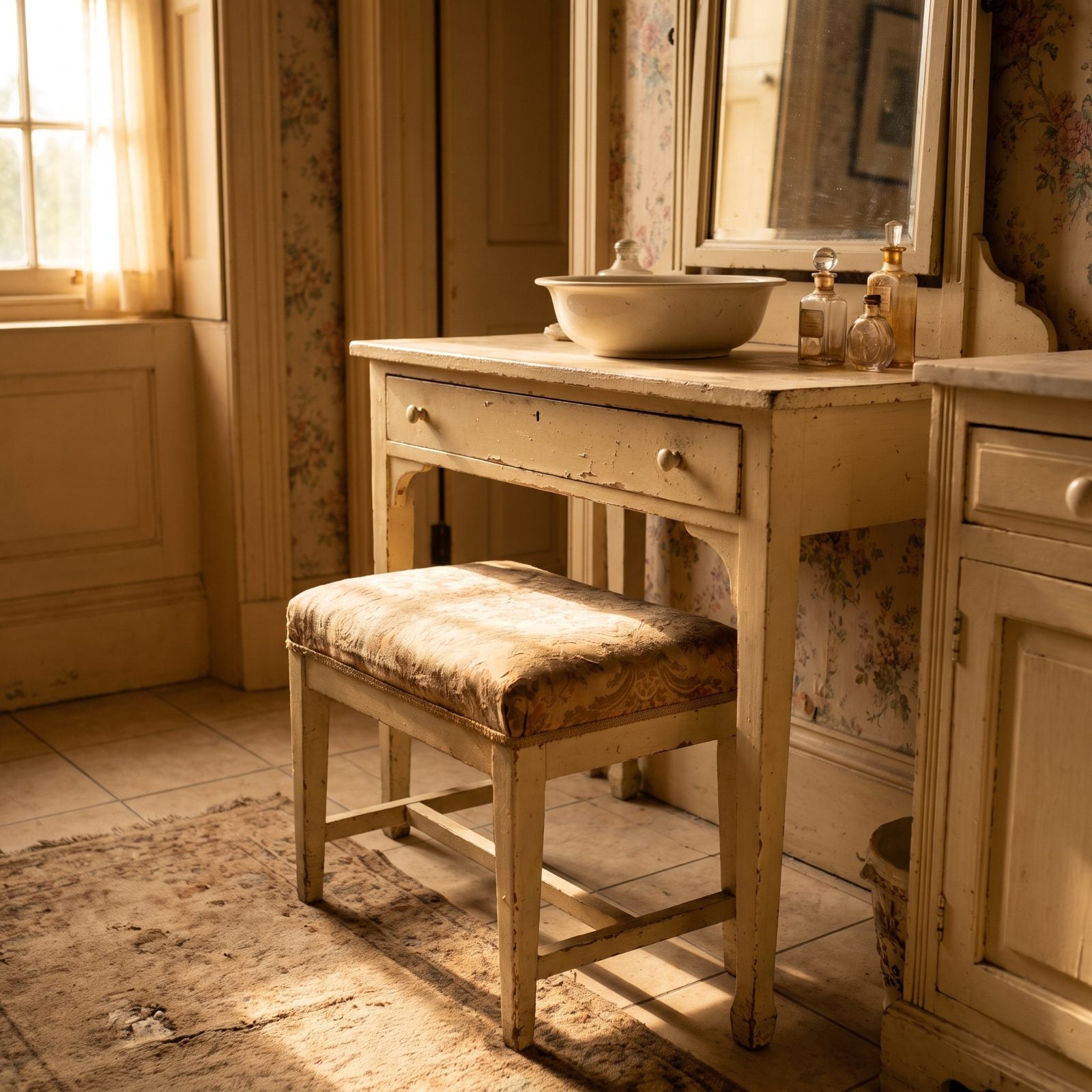 Bathroom makeup vanity with an oatmeal upholstered stool tucked underneath and a small tray of cosmetics on the counter.