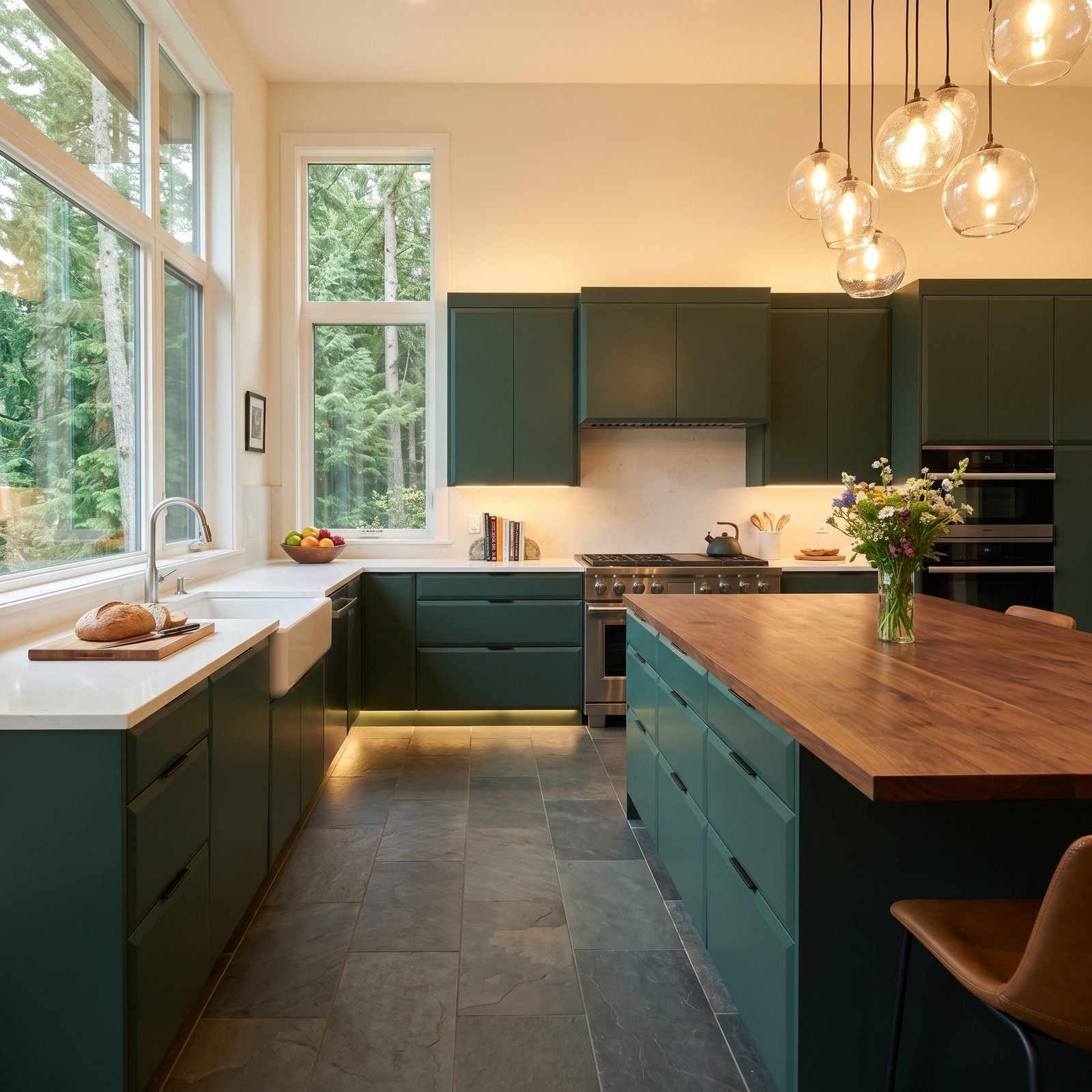 Kitchen with chamfered-edge handleless cabinet doors: Chamfered handleless doors in deep forest green with walnut seating and evergreen views.