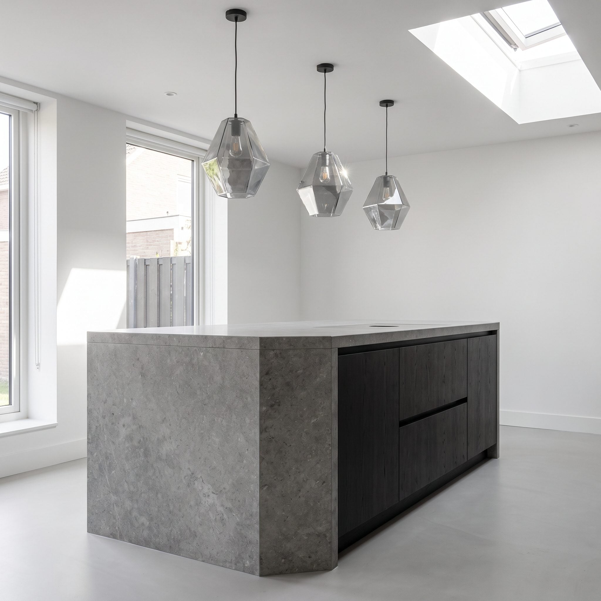 Chamfered Island With Three Medium Faceted Pendants