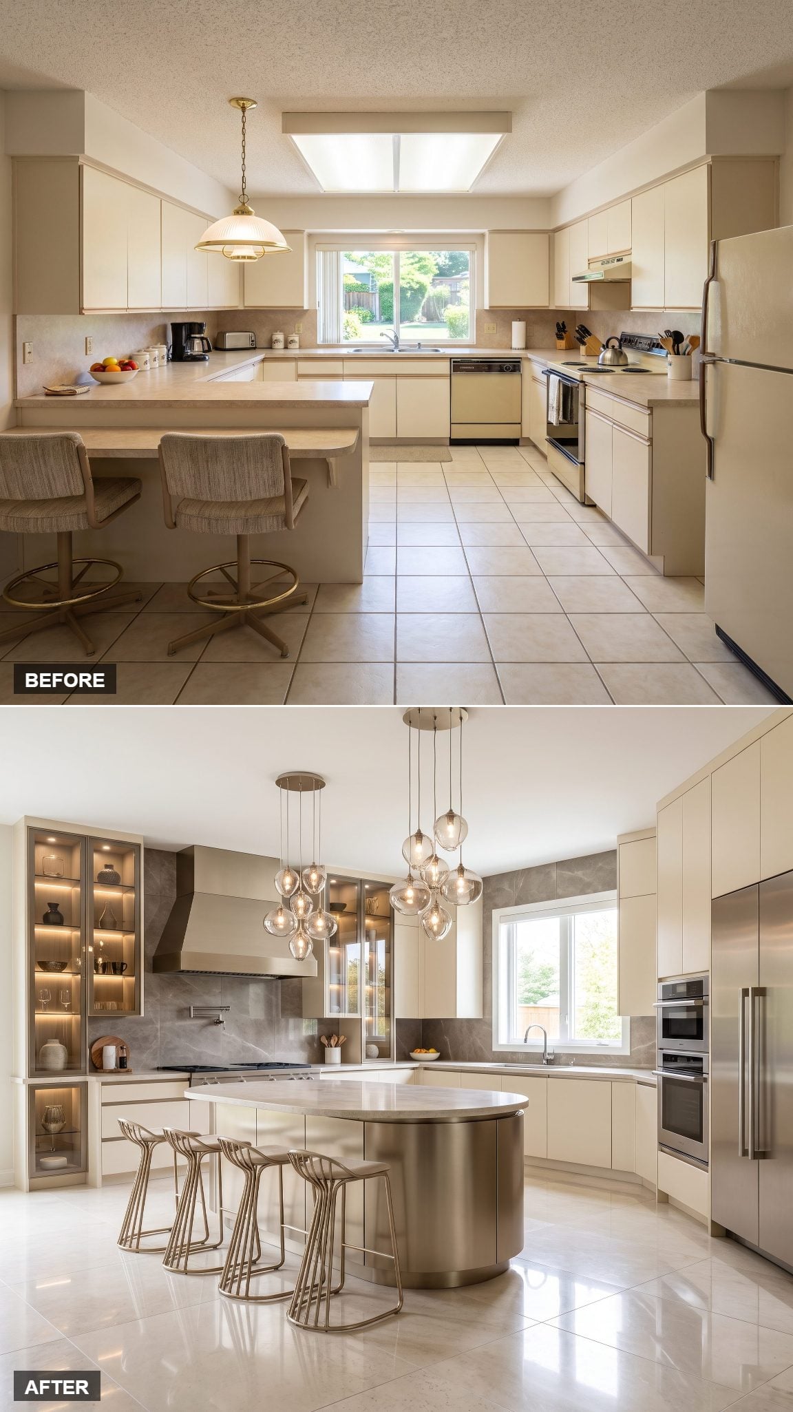 Warm ivory kitchen with champagne metal and smoked-glass cabinetry