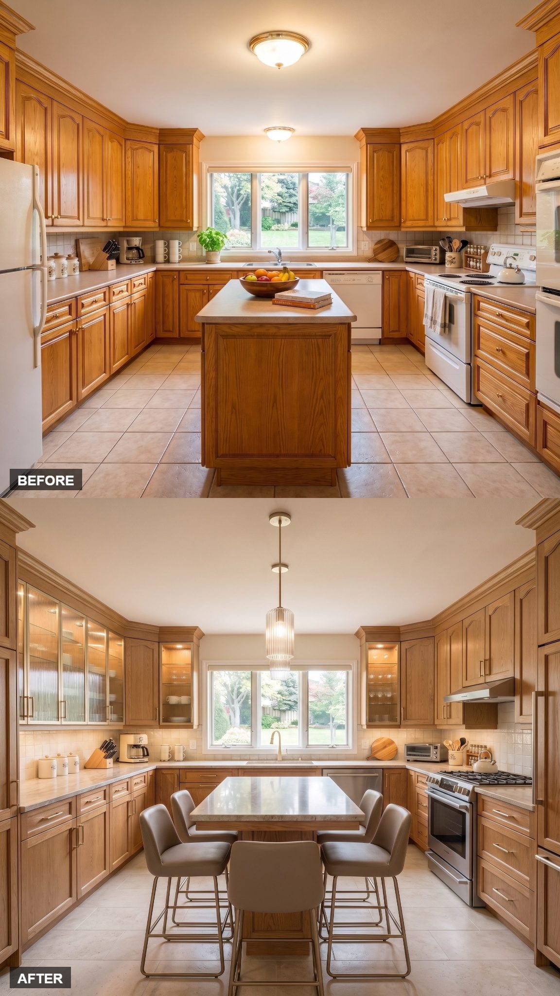 Champagne oak kitchen with illuminated fluted-glass upper cabinet doors
