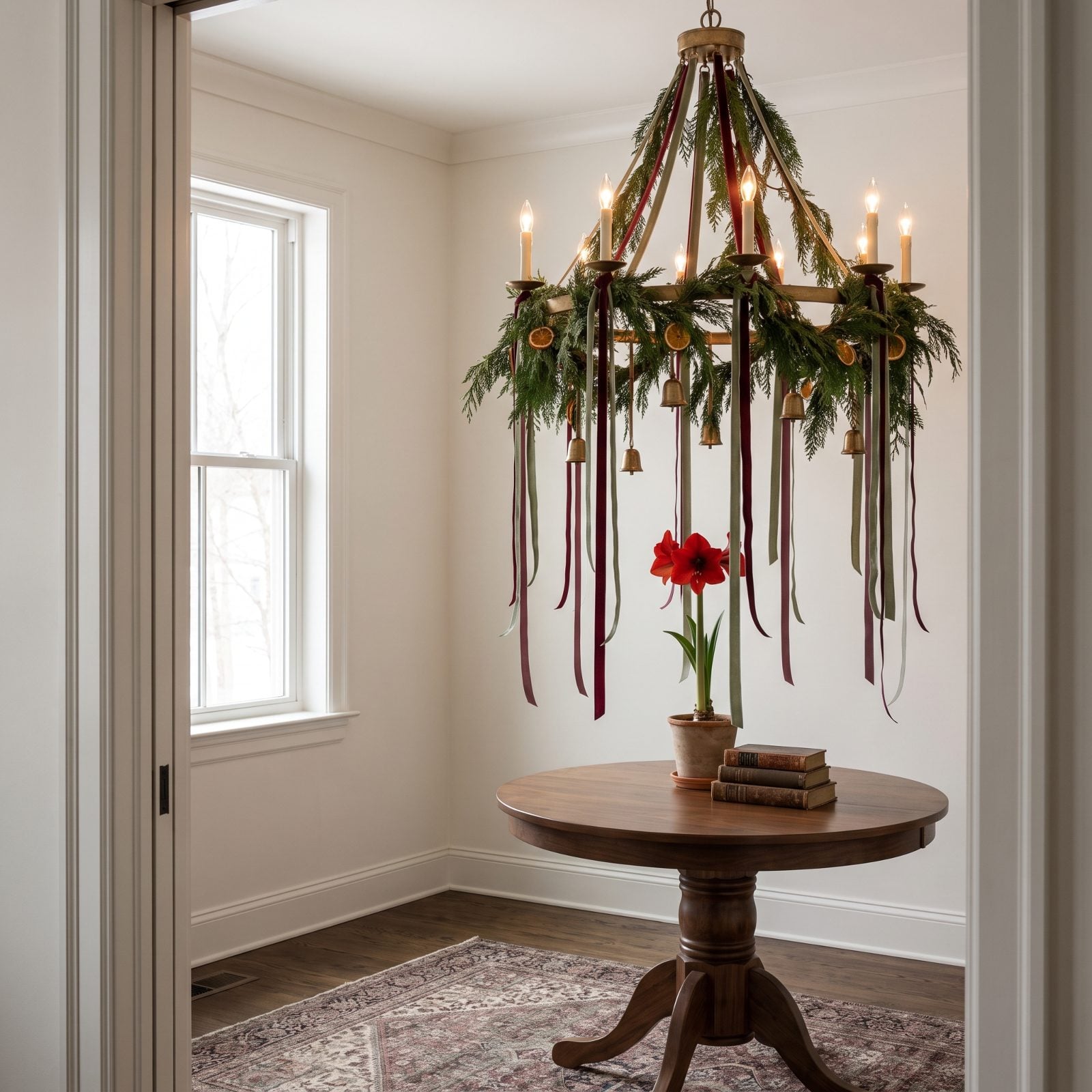 A Chandelier Dripping With Ribbons and Cedar