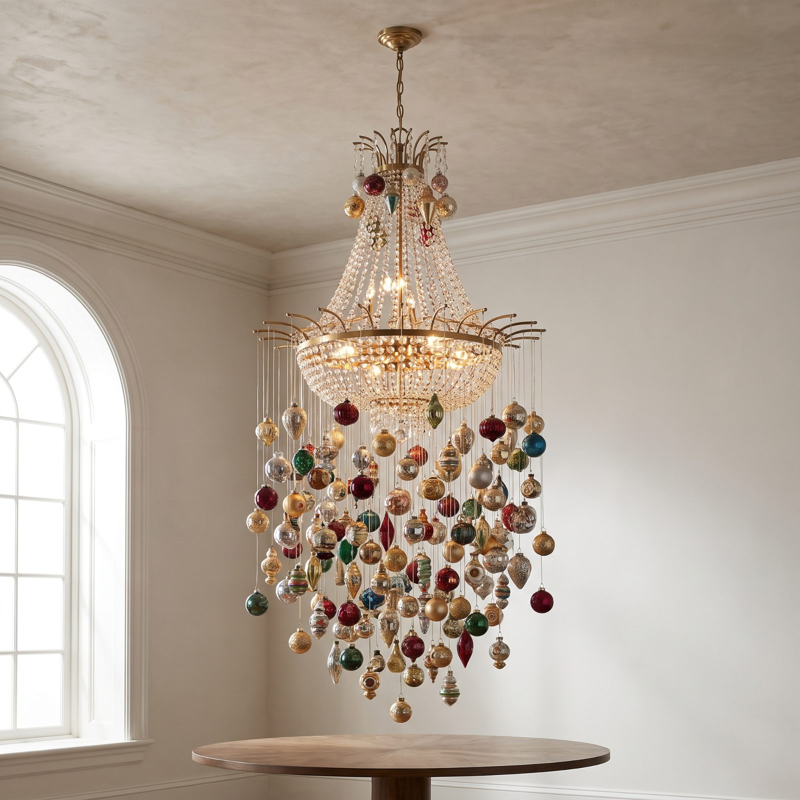 A Chandelier Turned Into a Cascading Ornament Tree