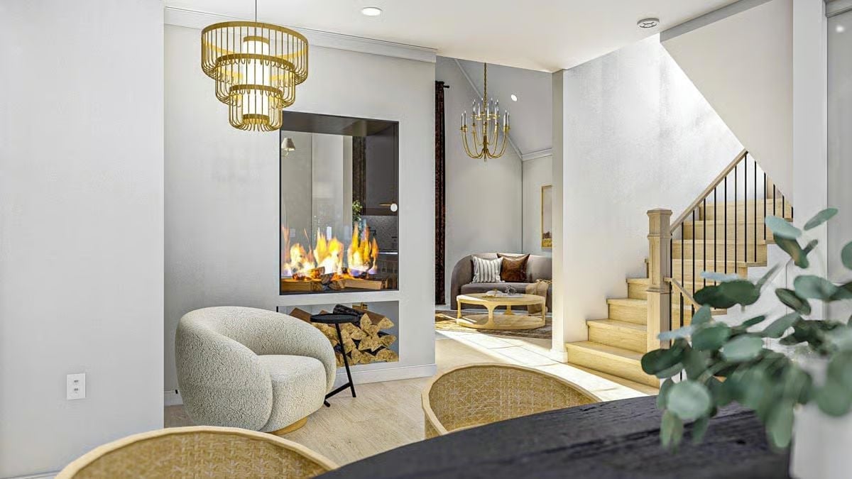 Boucle Chair by the Fire and a Chandelier That Means Business