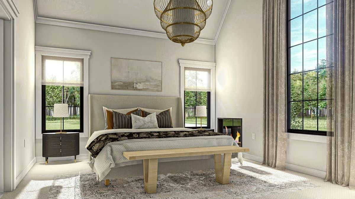 Cage Chandelier, Fireplace Footboard, and a Bench That Pulls It Together