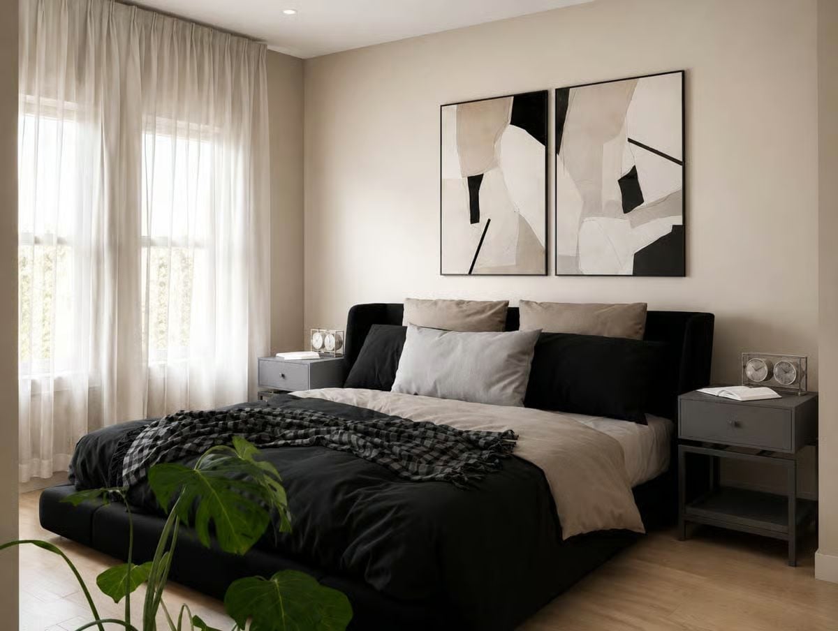Charcoal Bedding and Abstract Diptych Art Make This Rental Bedroom Hard to Walk Away From