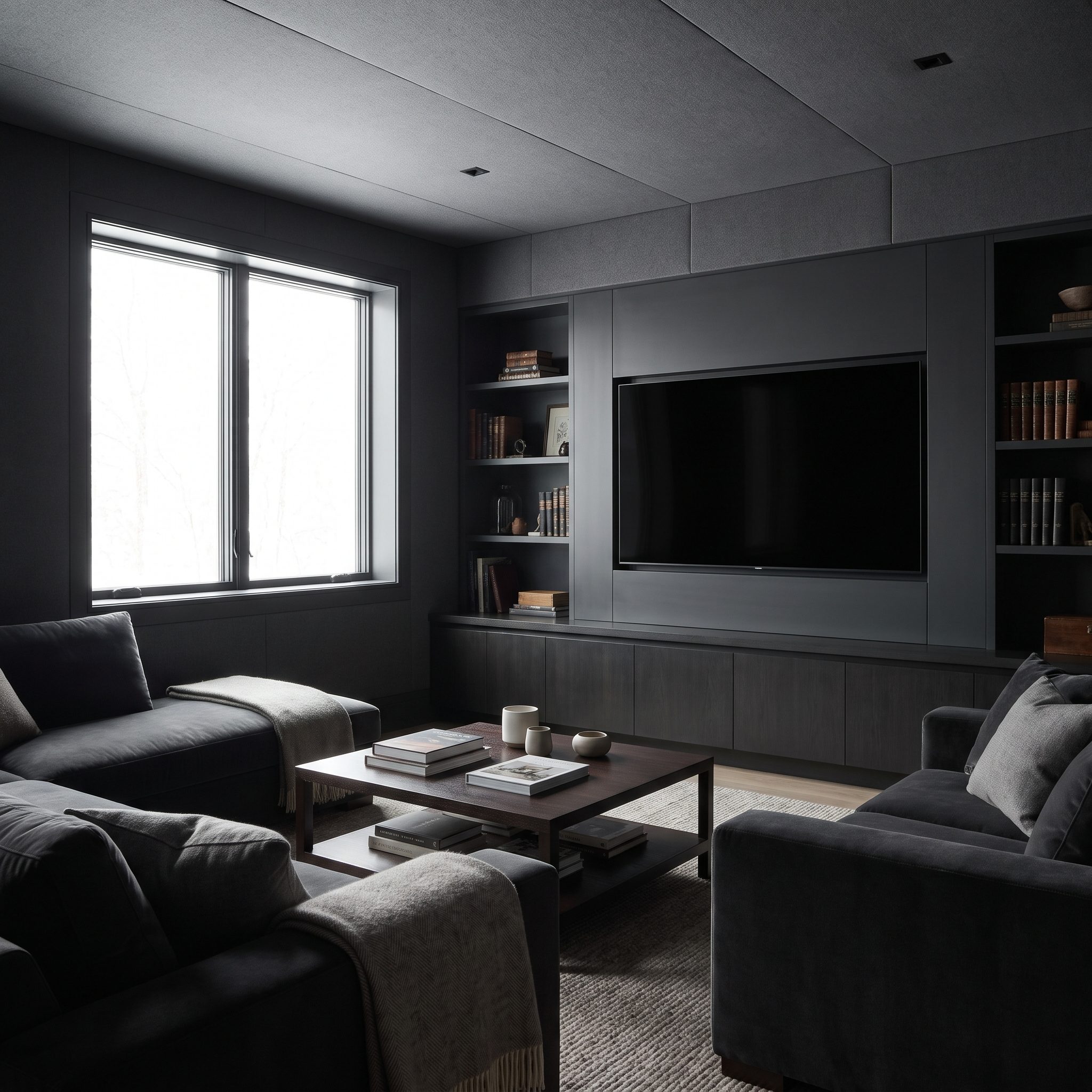 Charcoal Media Room, Dark Walls and Ceiling Make the Screen Recede