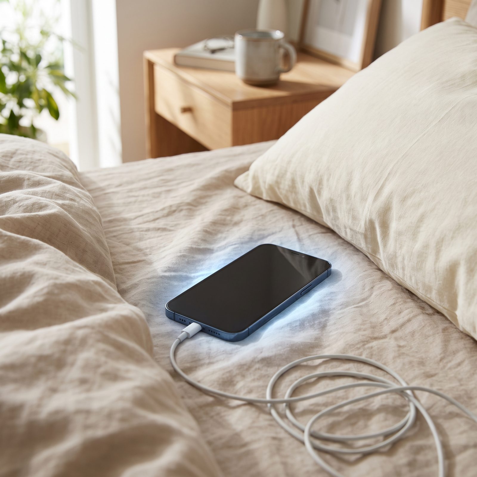 Bedroom nightstand with a face-up smartphone on a charging cable beside the pillow.