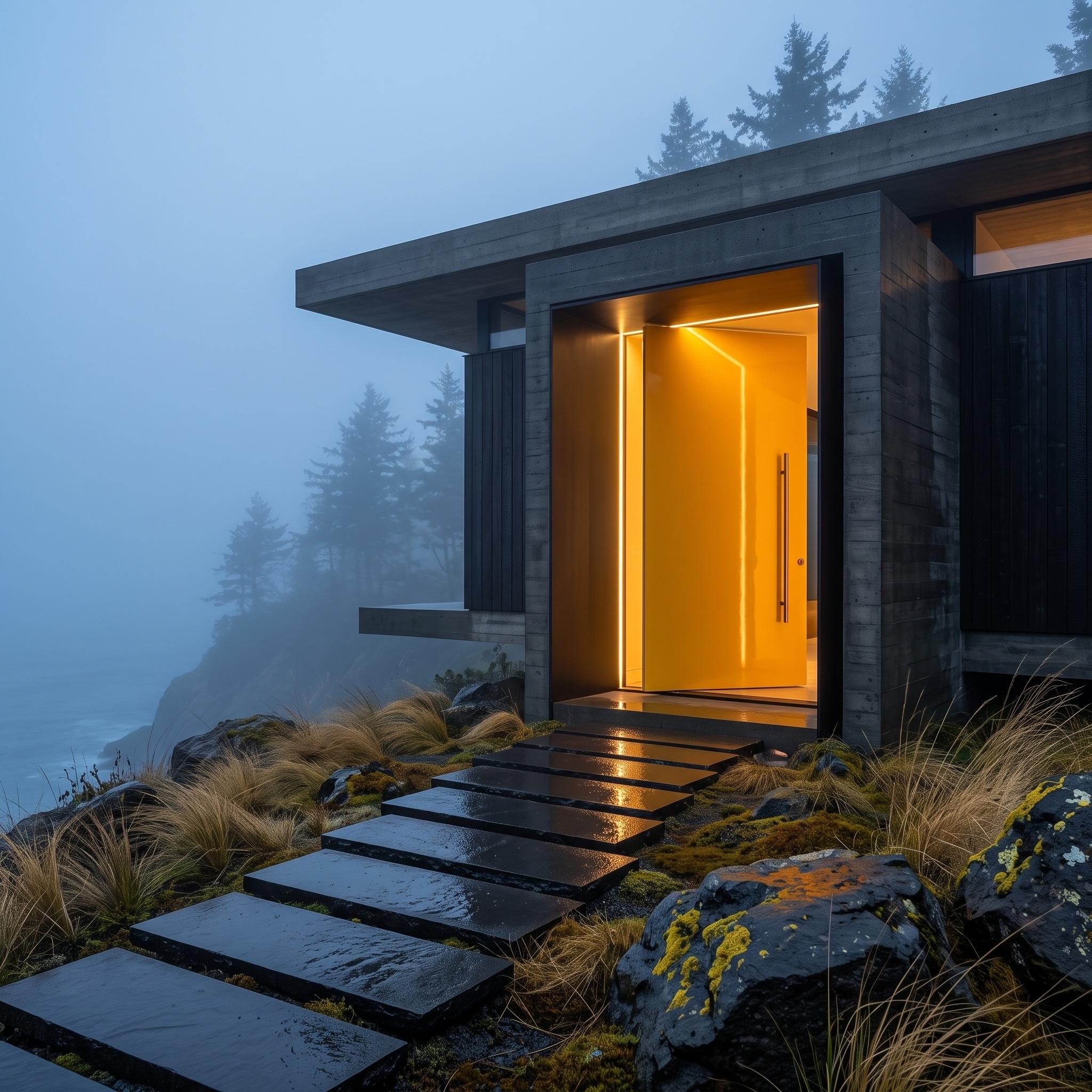 Golden-yellow illuminated entrance set into dark timber cladding on a dramatic foggy coastal house