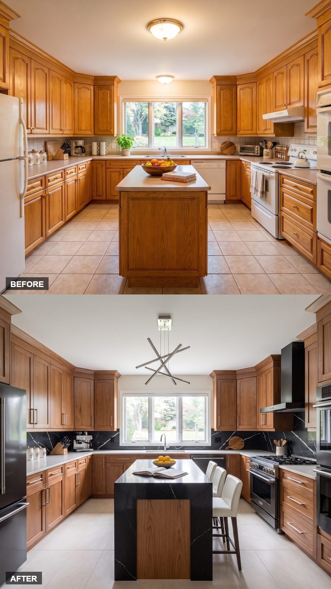 Chestnut oak kitchen with black marble-look cooking wall and faceted island panels
