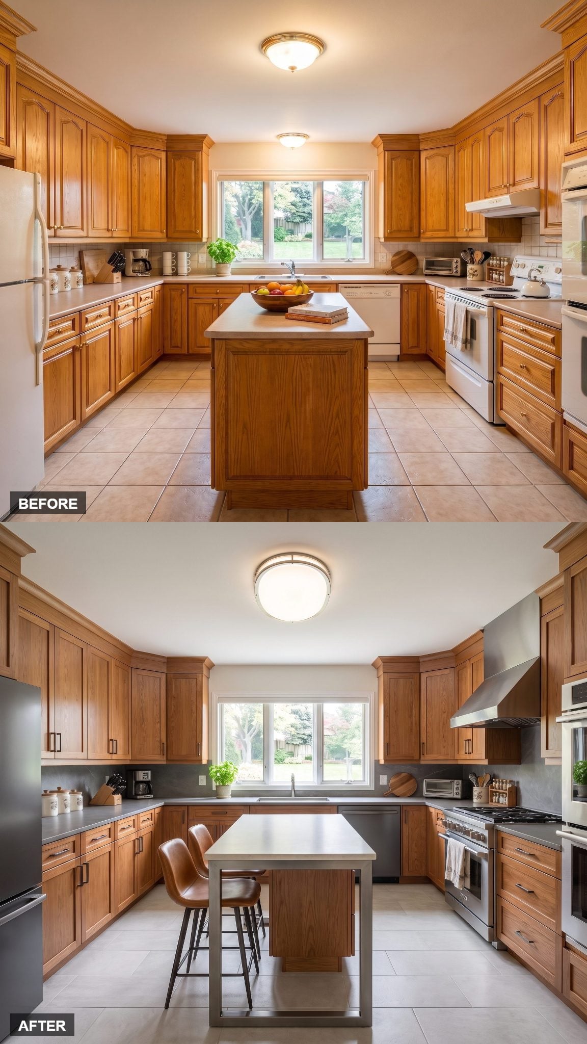 Chestnut oak kitchen with titanium-look island frame, charcoal ceramic worktop, and caramel leather stools