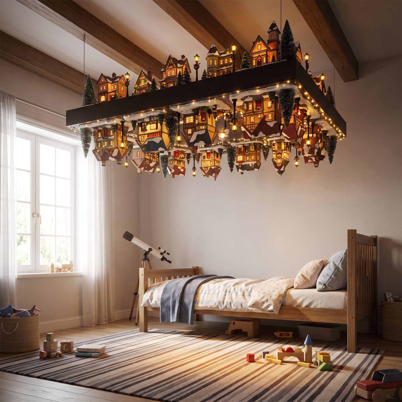 A Child's Bedroom Under a Floating Christmas Village Skyline