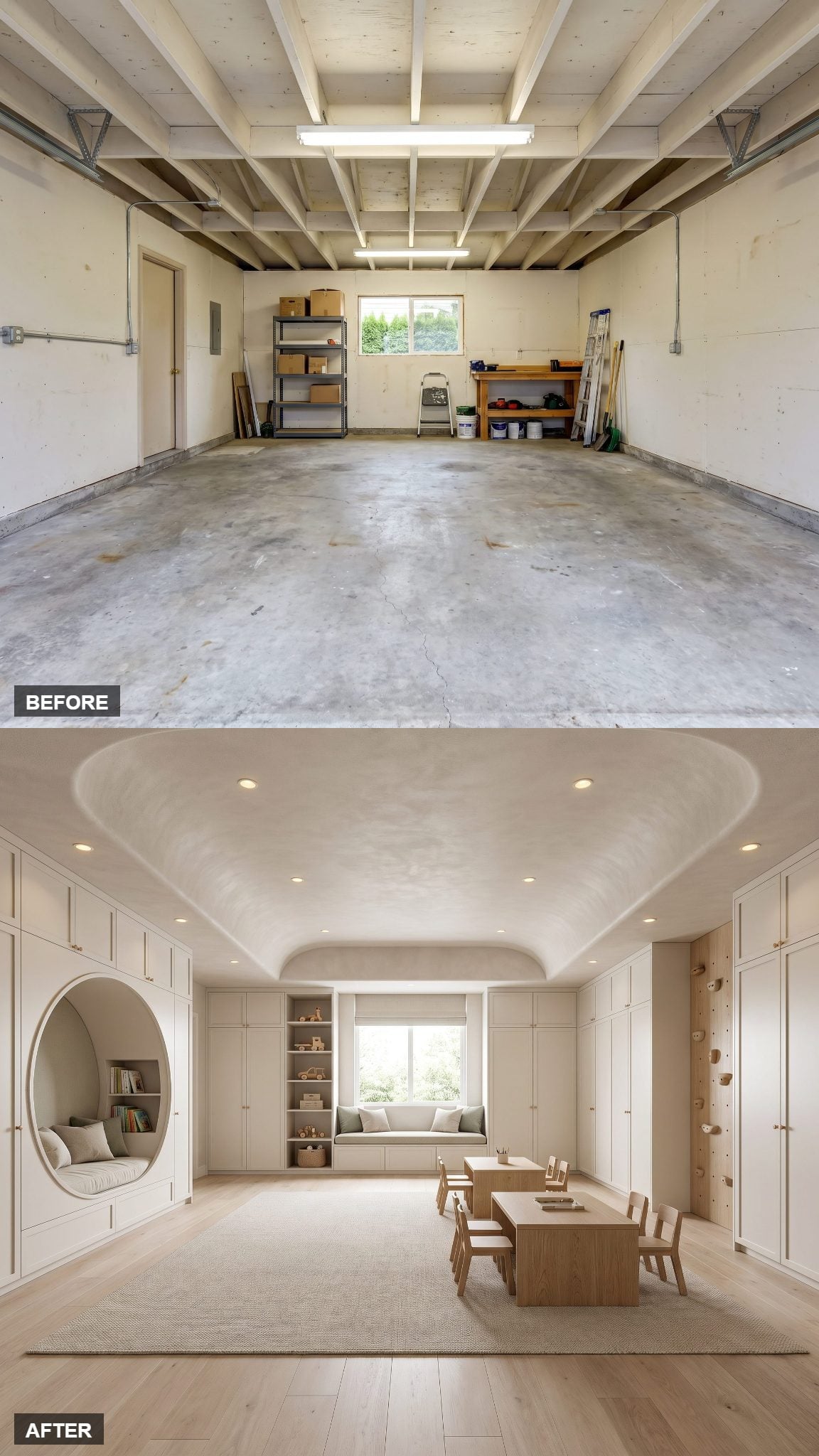 Children's Luxe Playroom with a Curved Plaster Ceiling and Hidden Climbing Wall
