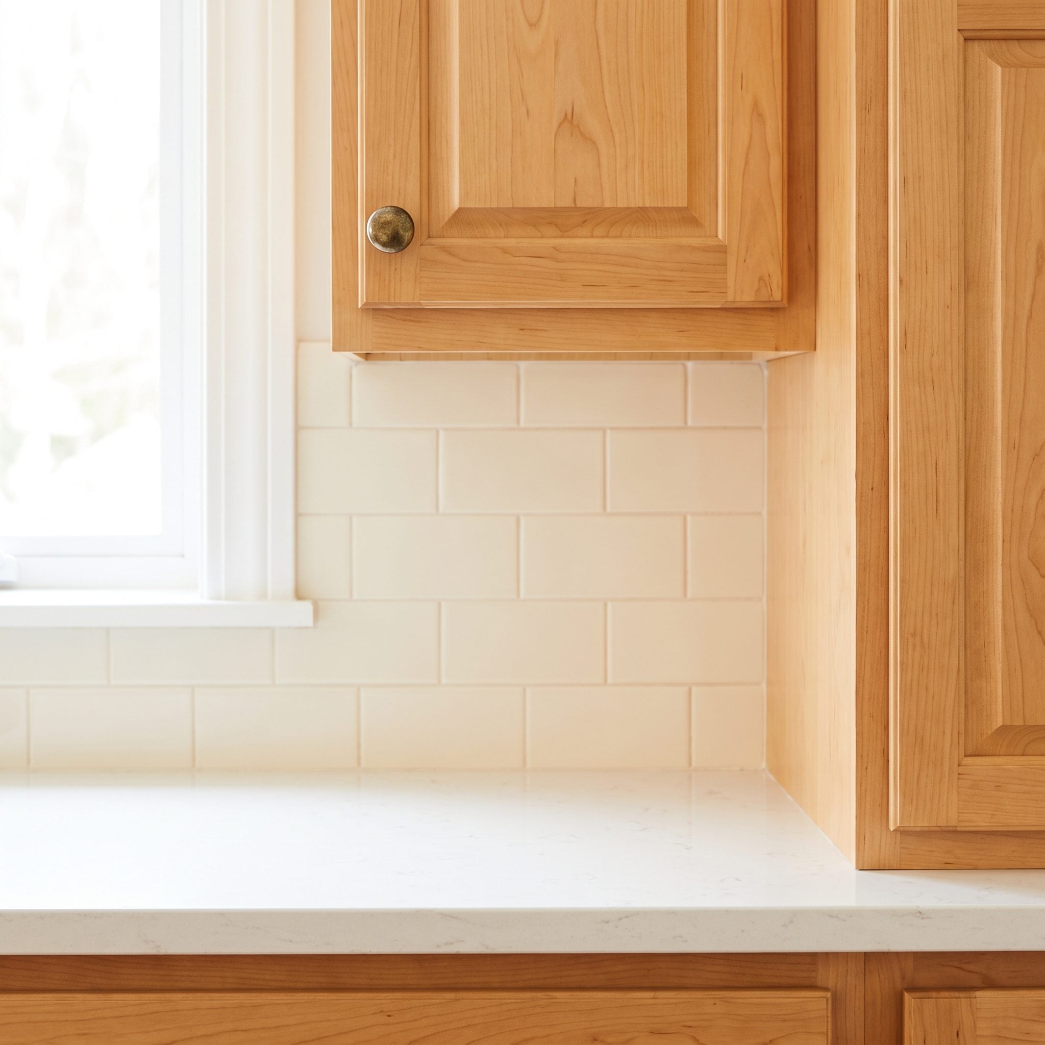Birch kitchen renovation with soft-apricot ceramic backsplash, satin-bronze hardware, and ribbed-glass pendants