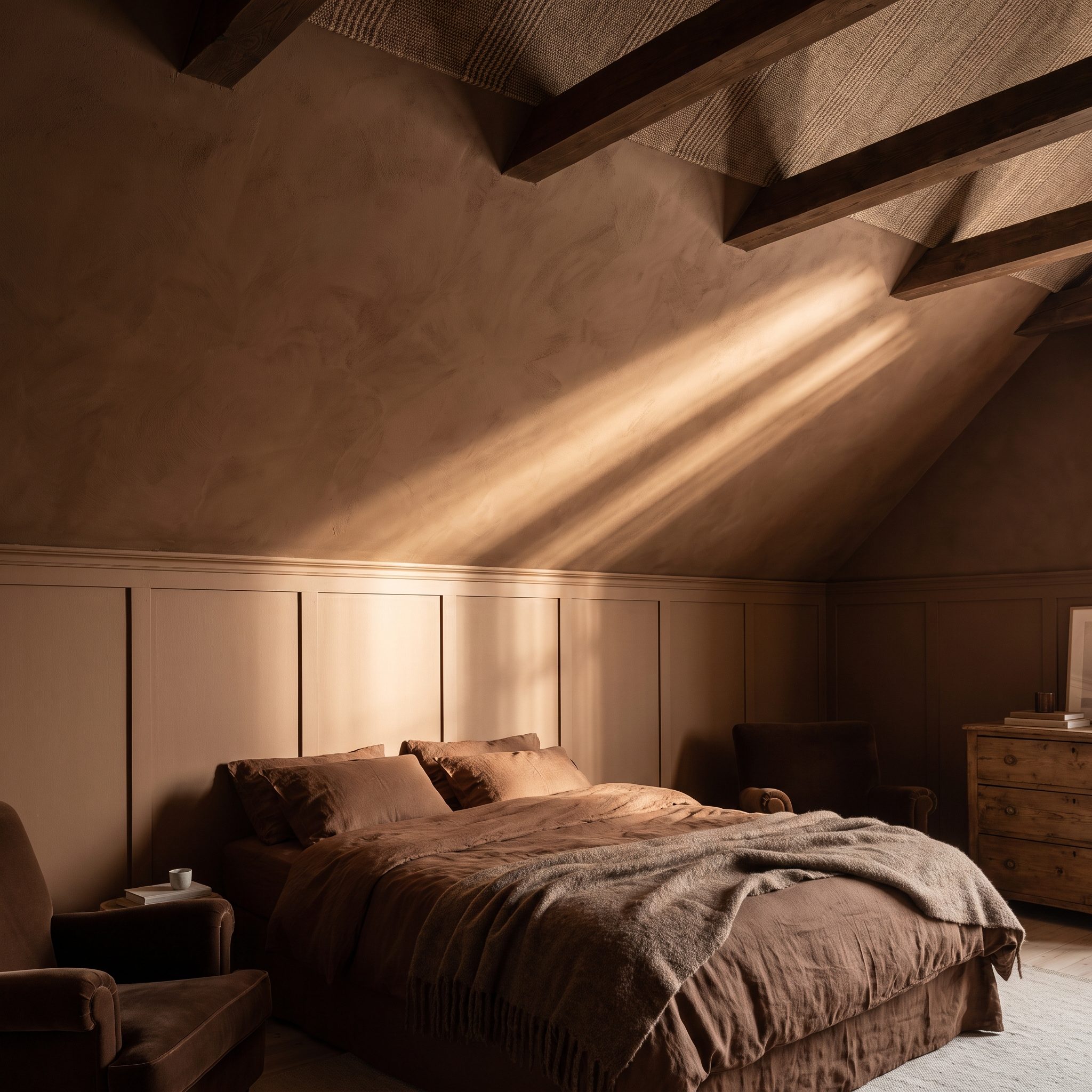 Chocolate Brown Bedroom, The Ceiling Joins the Walls Instead of Staying White