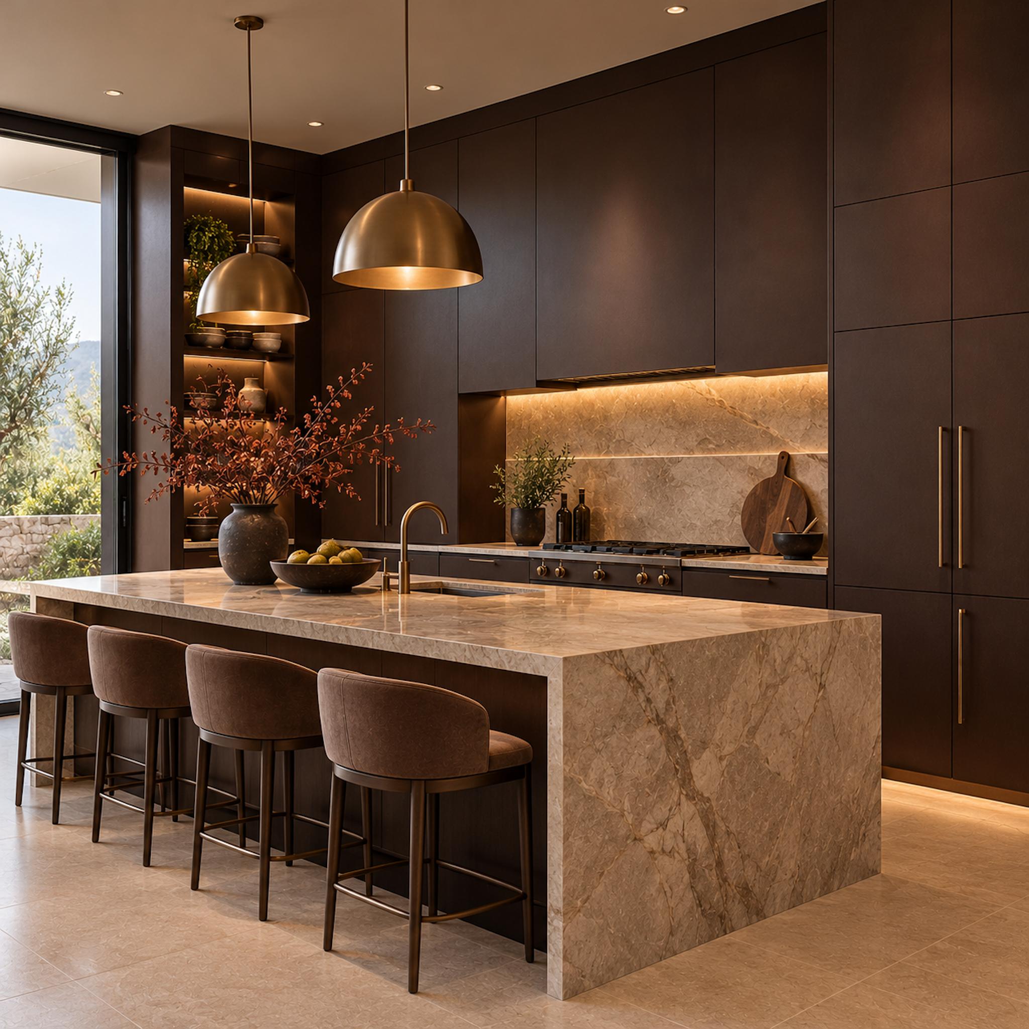Contemporary chocolate-brown kitchen with seamless full-height cabinetry, cream stone island, bronze pendant lights, and garden views