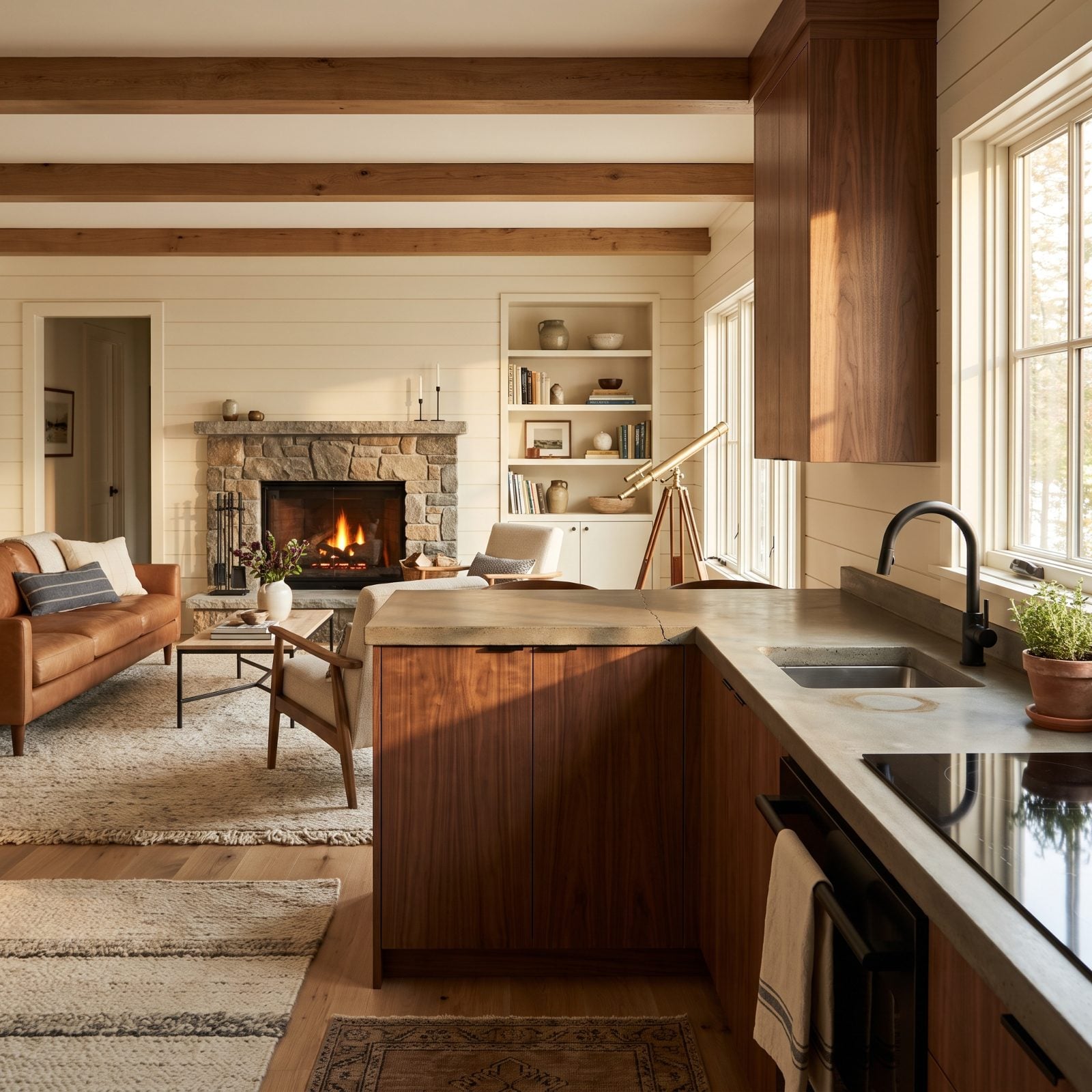 Walnut kitchen with poured-concrete counters showing a hairline crack near the sink and a darker water ring by the faucet.