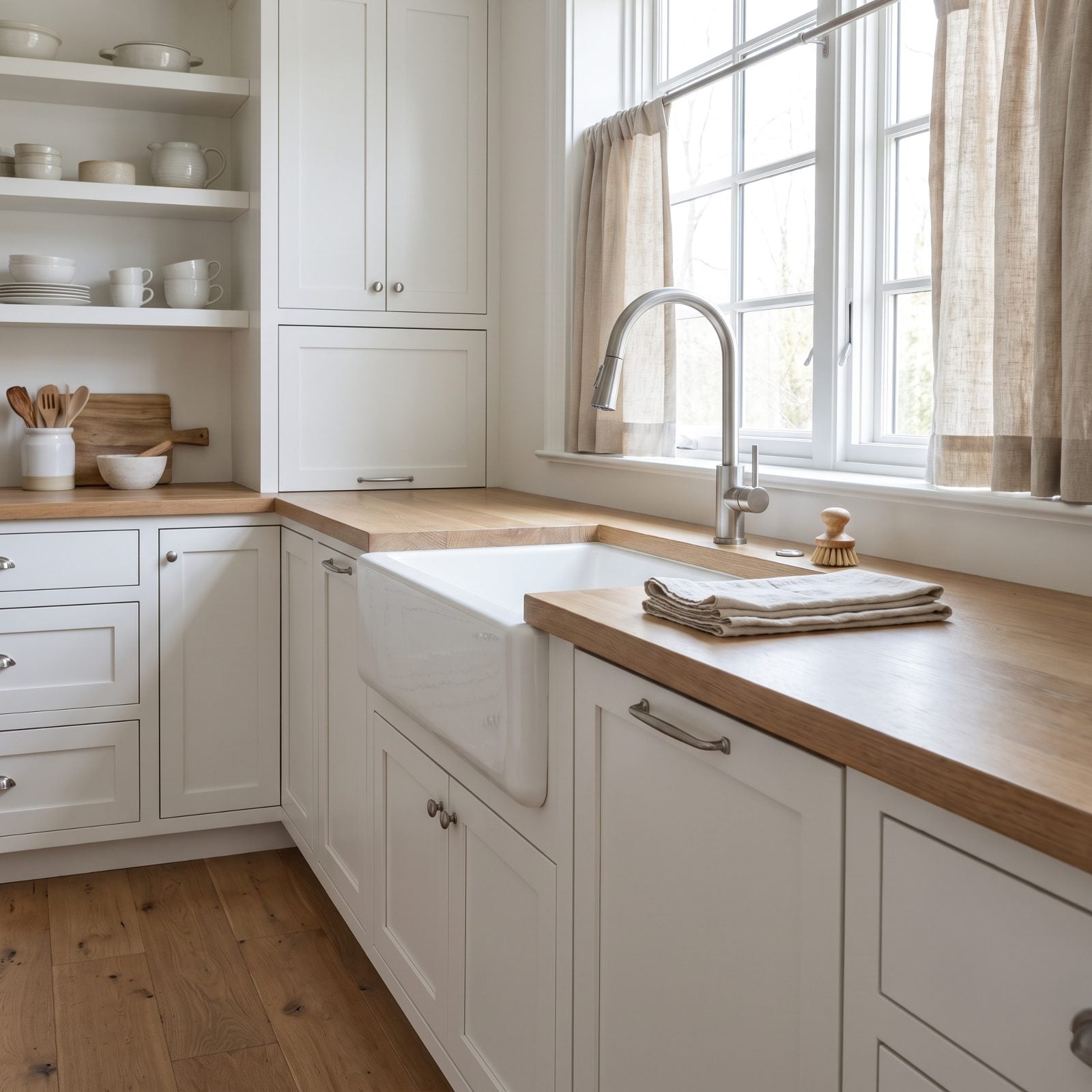 Cream kitchen with a deep white farmhouse apron sink showing a chip on the front lip.