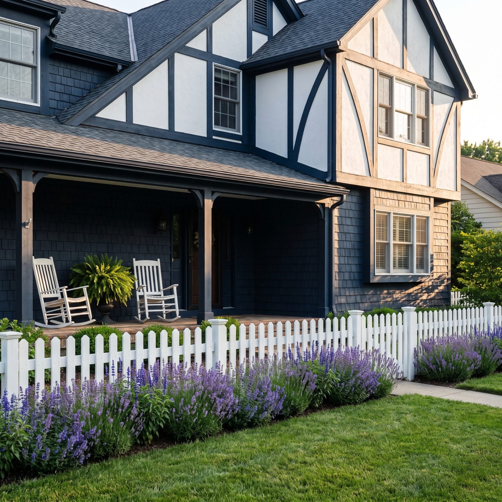 White cottage behind a low picket fence that runs the full yard width with no visible gate or opening.