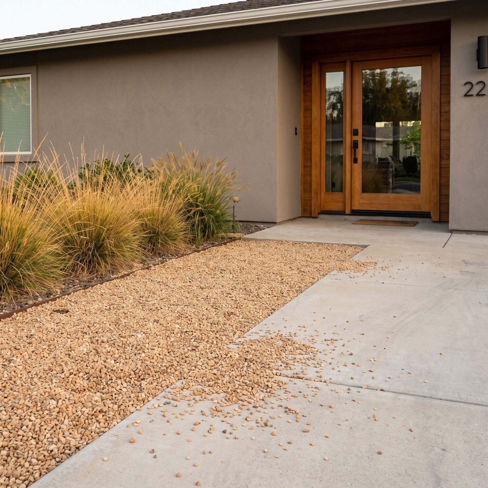 Gray stucco ranch home with pea gravel from a planting bed scattered across the adjacent concrete walk, with no edging