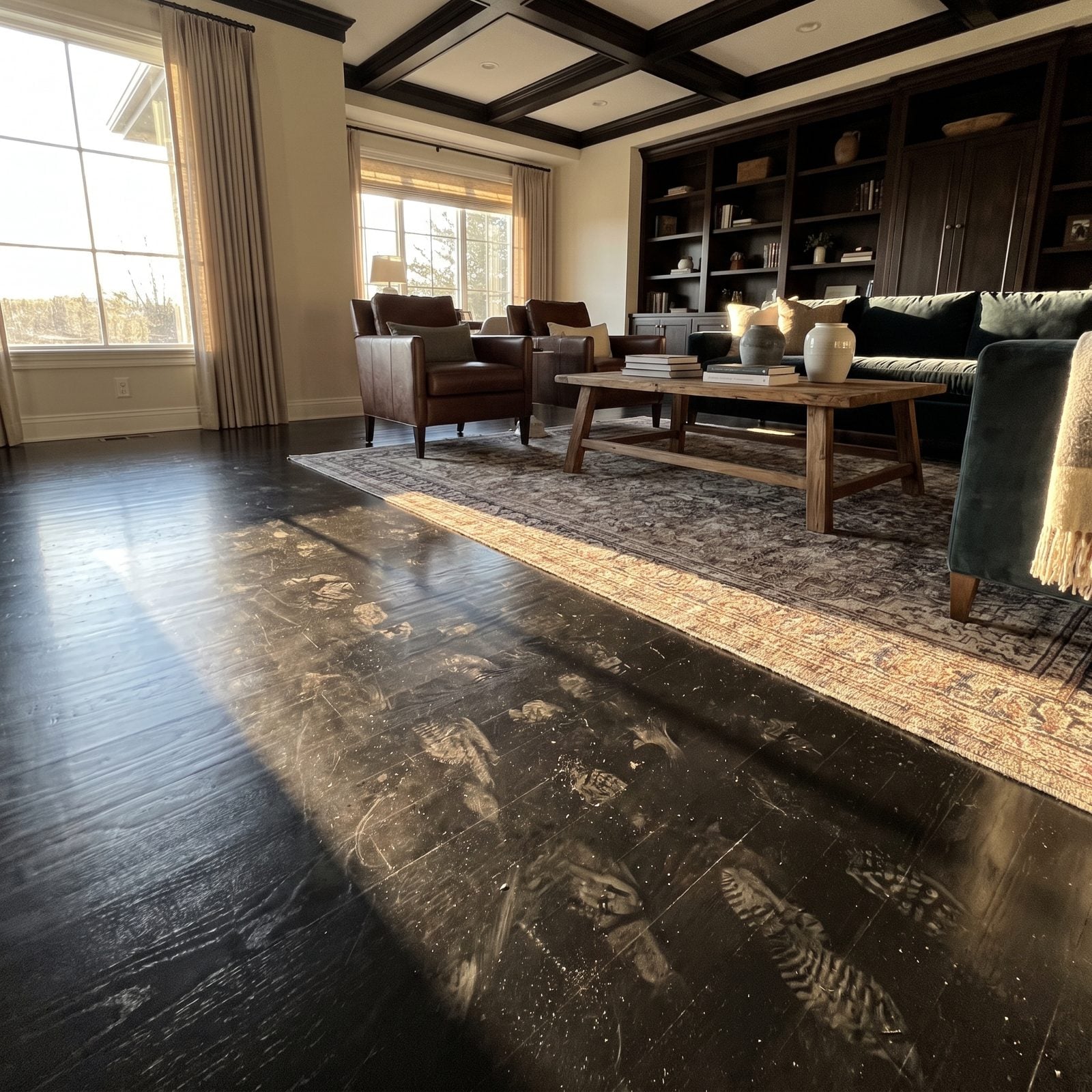 Dark espresso hardwood floor in a bright room showing a film of dust, footprints, and a light scratch in raking sunlight.