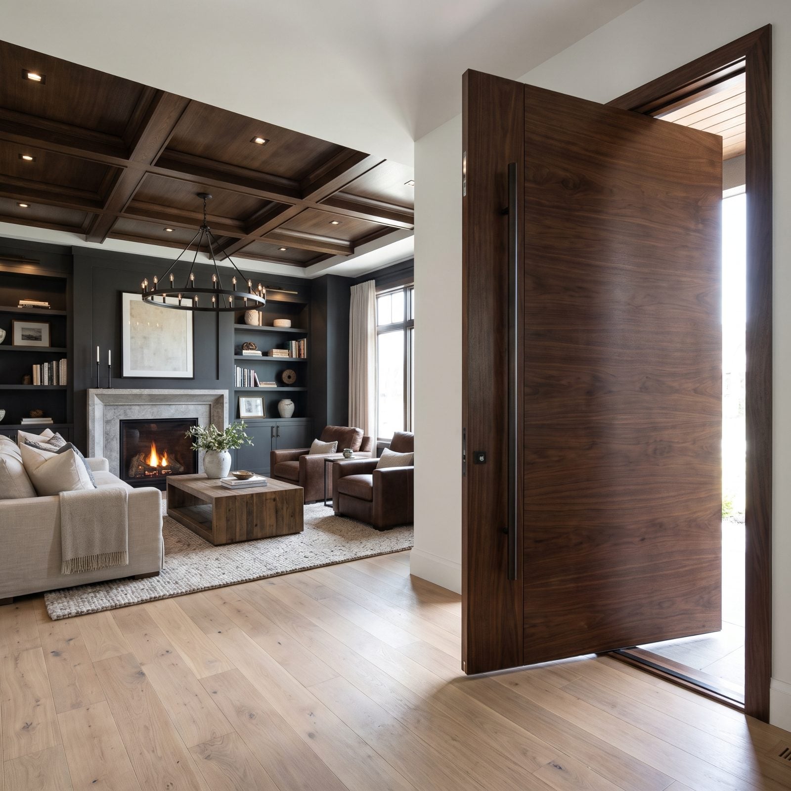 Tall walnut pivot front door with a thin line of daylight along the bottom and strike edge.