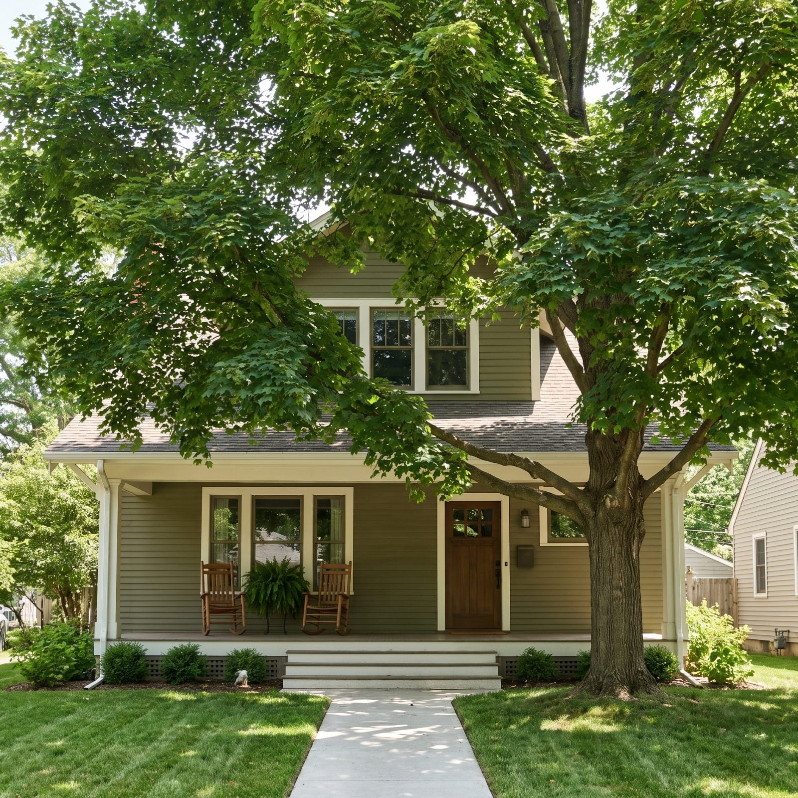 Craftsman bungalow with a large maple whose canopy rises above the roofline and shades the entire front facade.