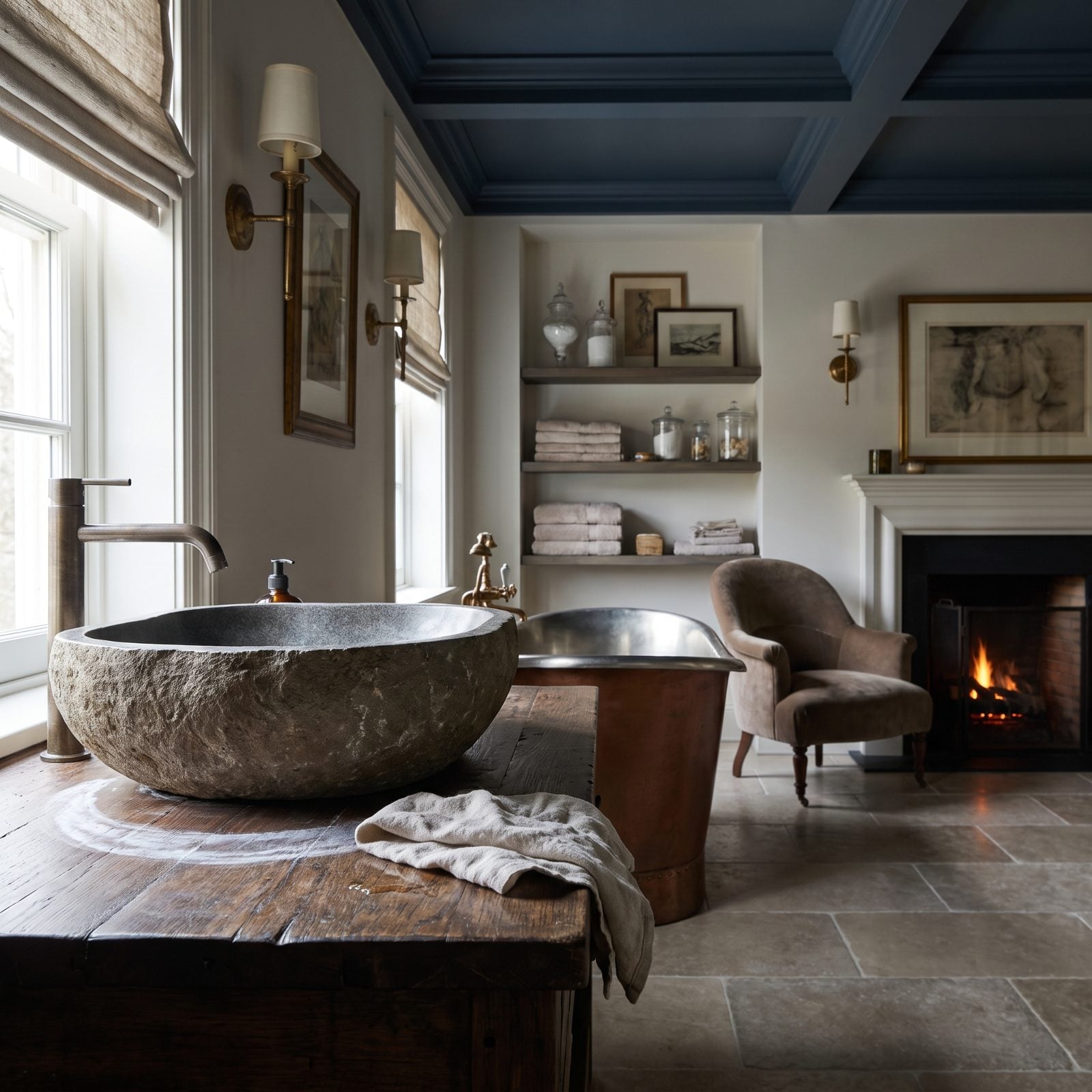 Powder room with a round vessel sink on a quartz counter showing a faint water ring where the bowl meets the stone.