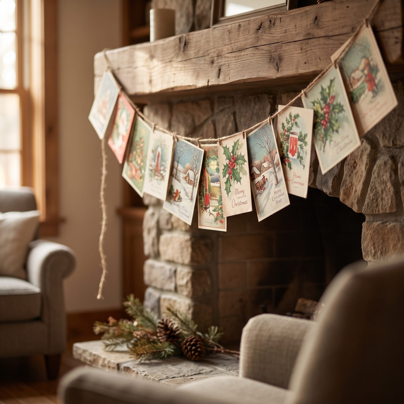 Christmas Cards Strung Across the Mantel