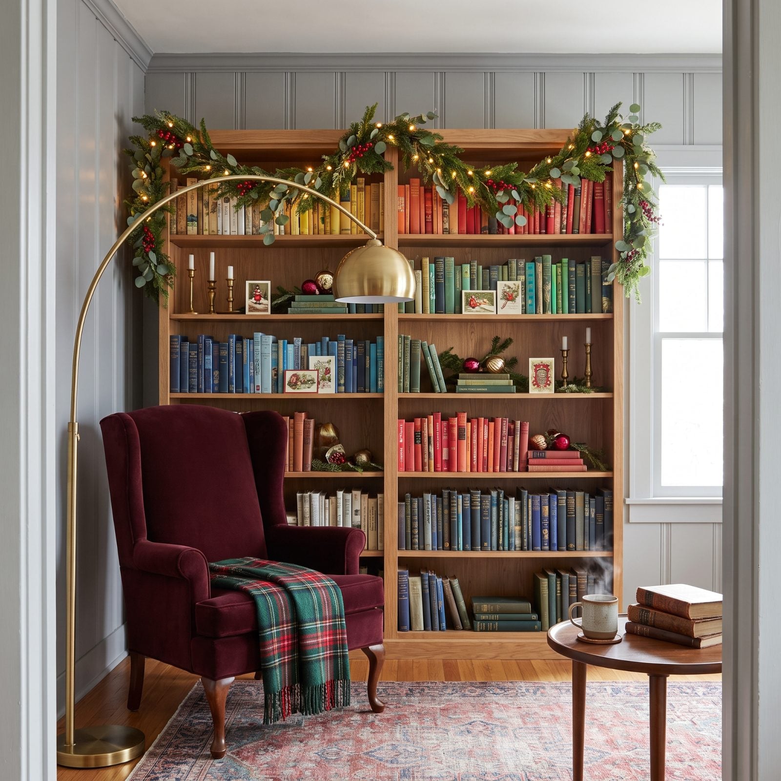 A Christmas Reading Corner Built Around a Decorated Bookshelf