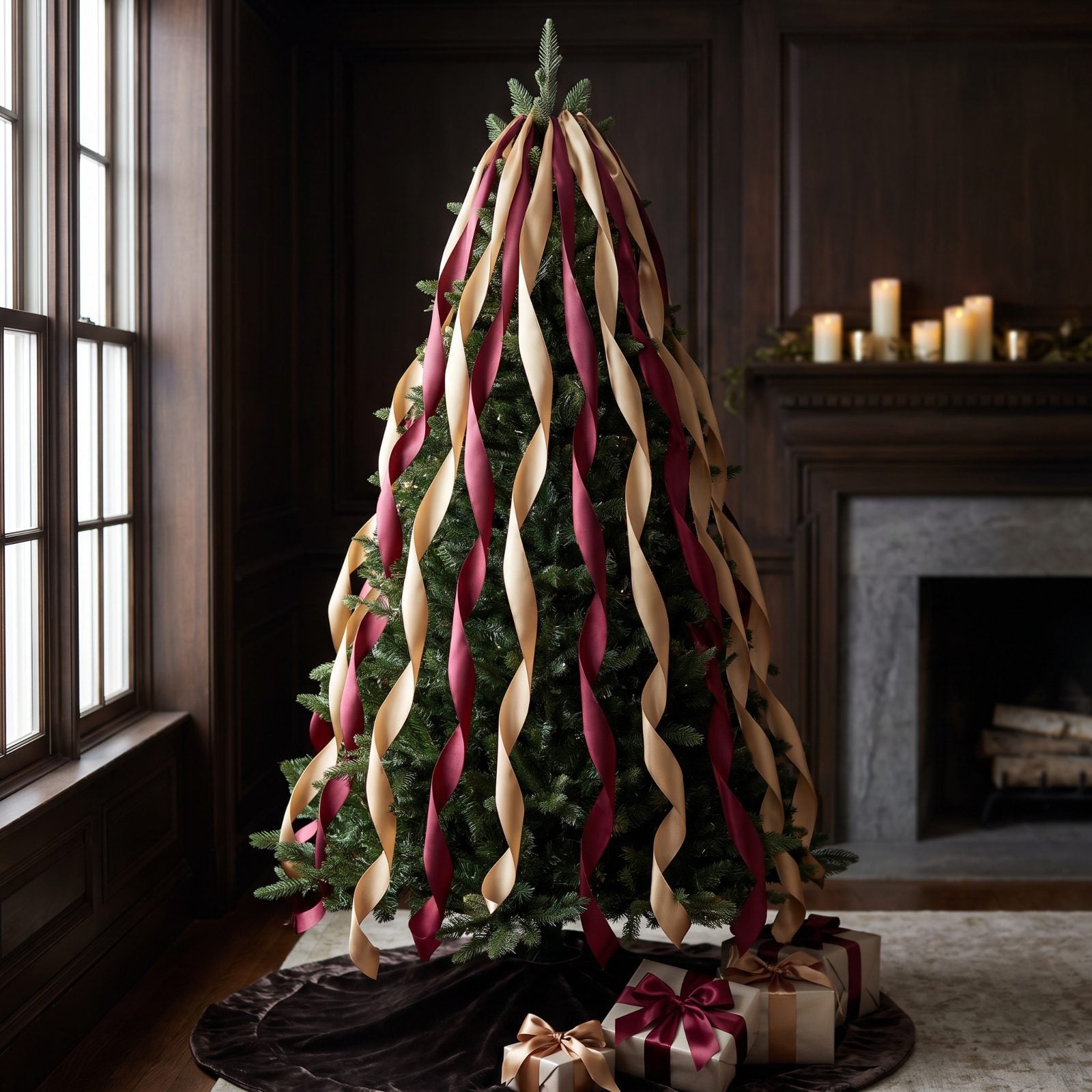 A Christmas Tree Draped in Cascading Satin Ribbon