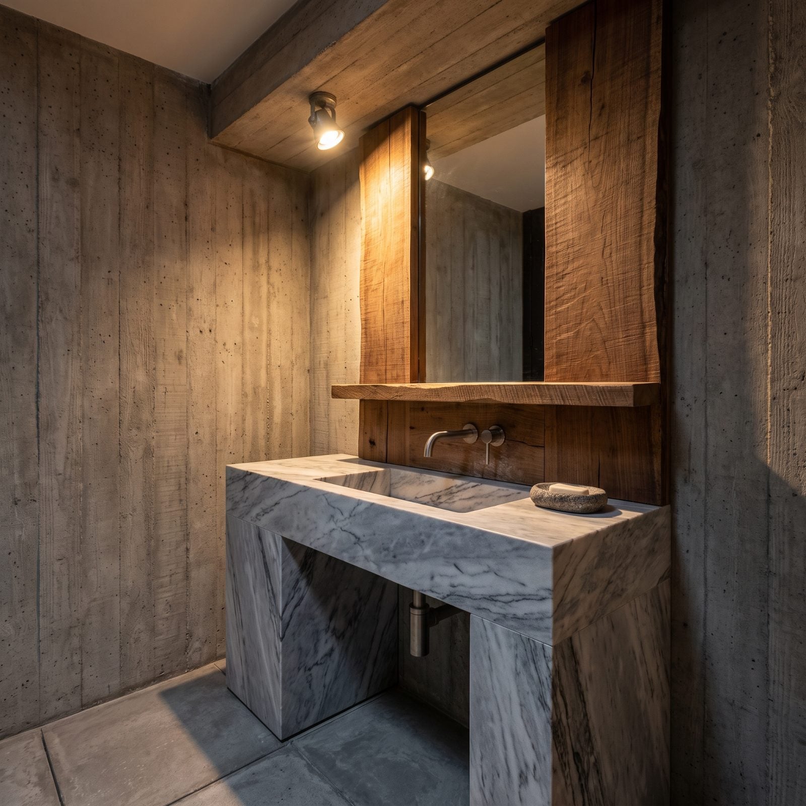 Chunky Marble and Saw-Cut Walnut in a Brutalist Key
