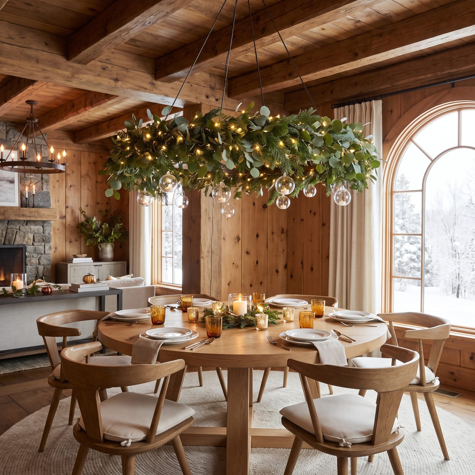 A Circular Garland Floating Over the Round Dining Table