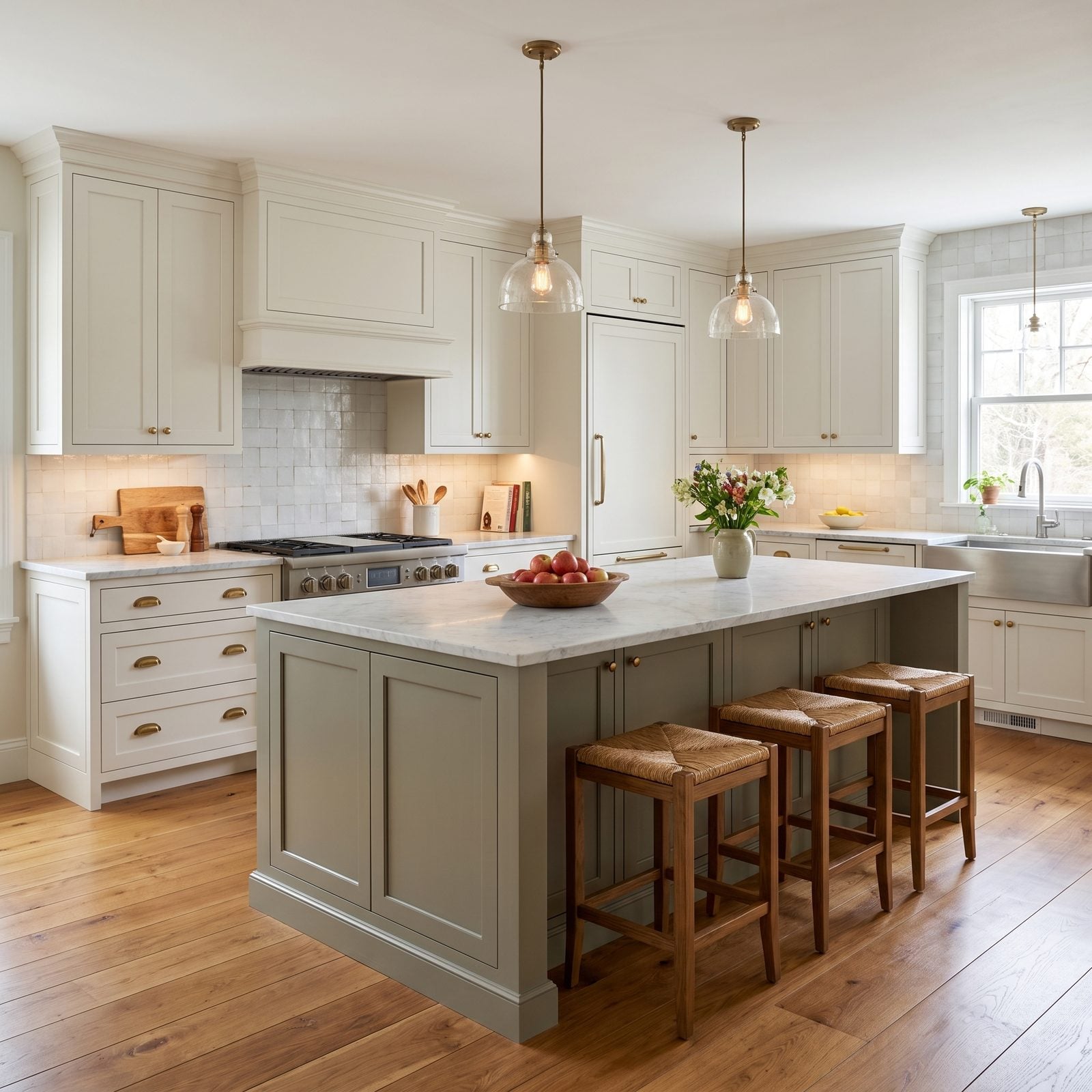 Kitchen with classic shaker cabinet doors: Classic Shaker in soft white, with a grey-green island and brass bin pulls.