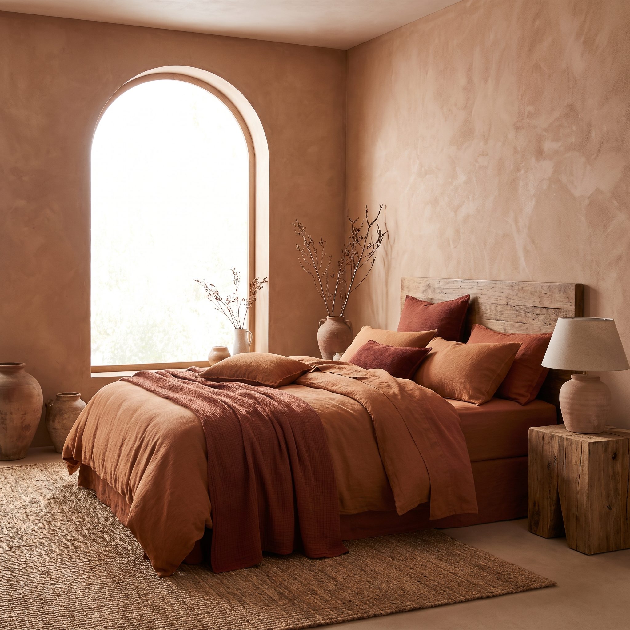 Clay-and-Rust Bedroom Where Related Earth Tones Replace the Old One-Wall Contrast Formula