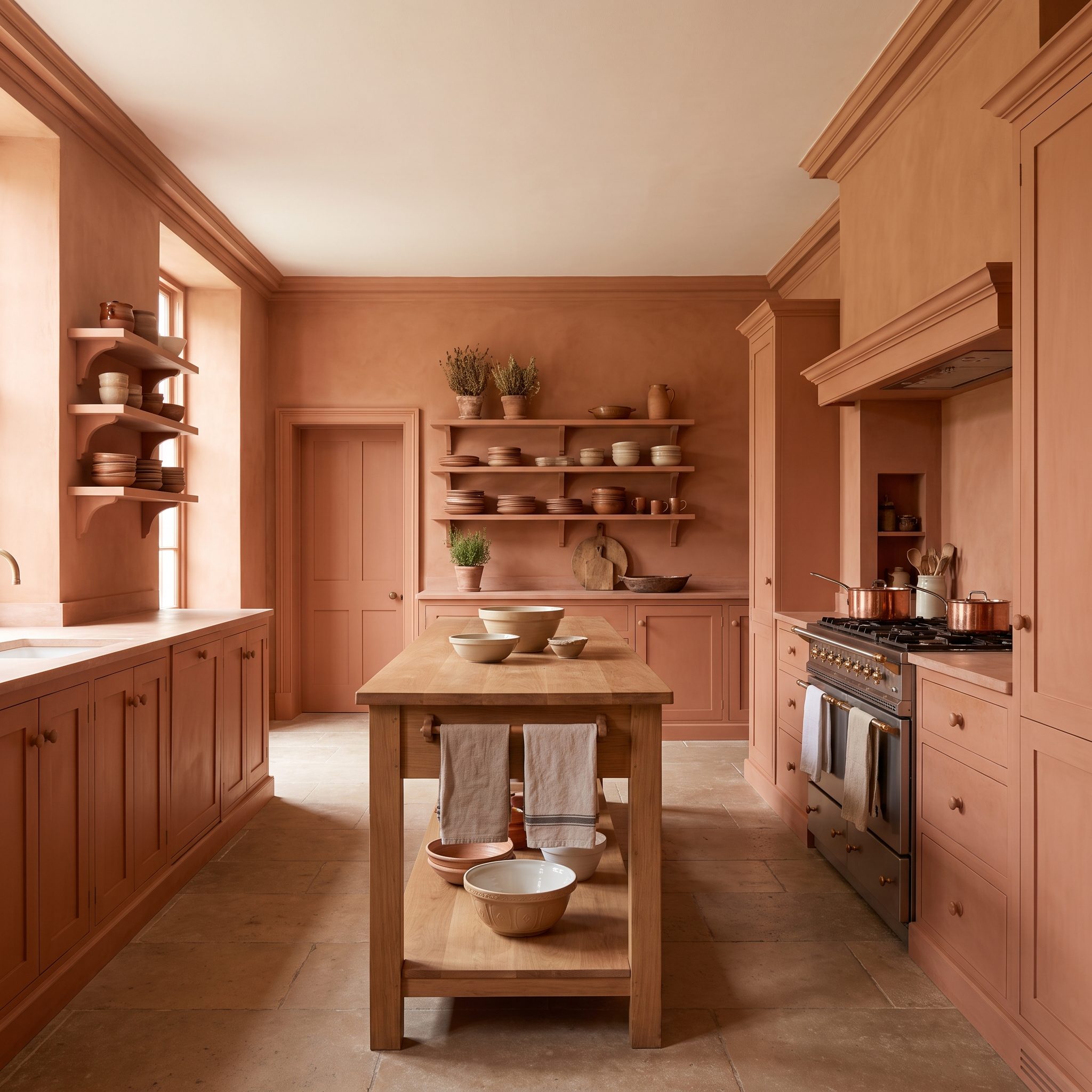 Clay-Toned Kitchen, Walls, Cabinetry, and Trim Work as One Earthy Composition