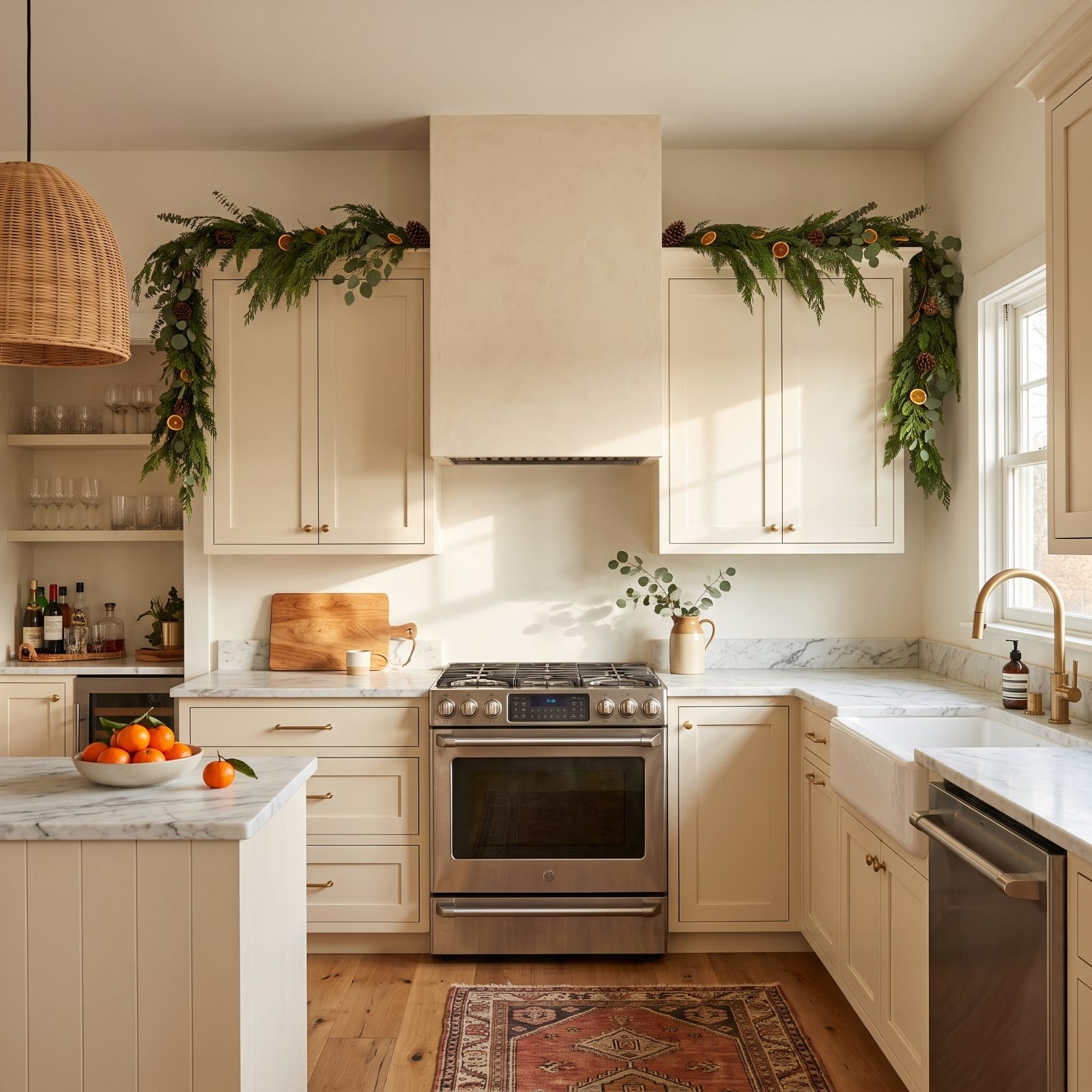 A Clean Range Hood Standing Firm Between Garlanded Cabinets