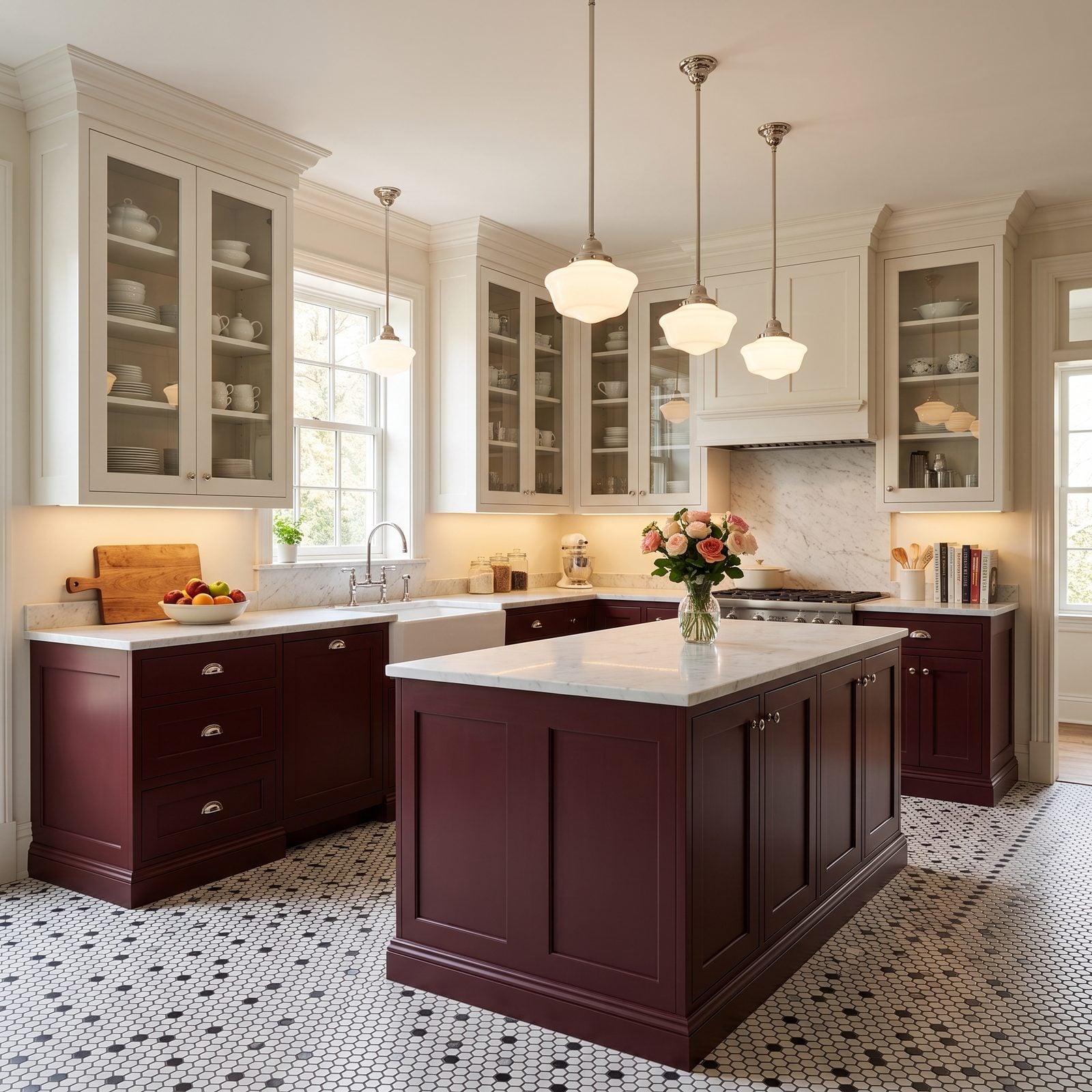 Kitchen with clear glass-front cabinet doors: Clear glass-front uppers showing white china above oxblood Shaker lowers.
