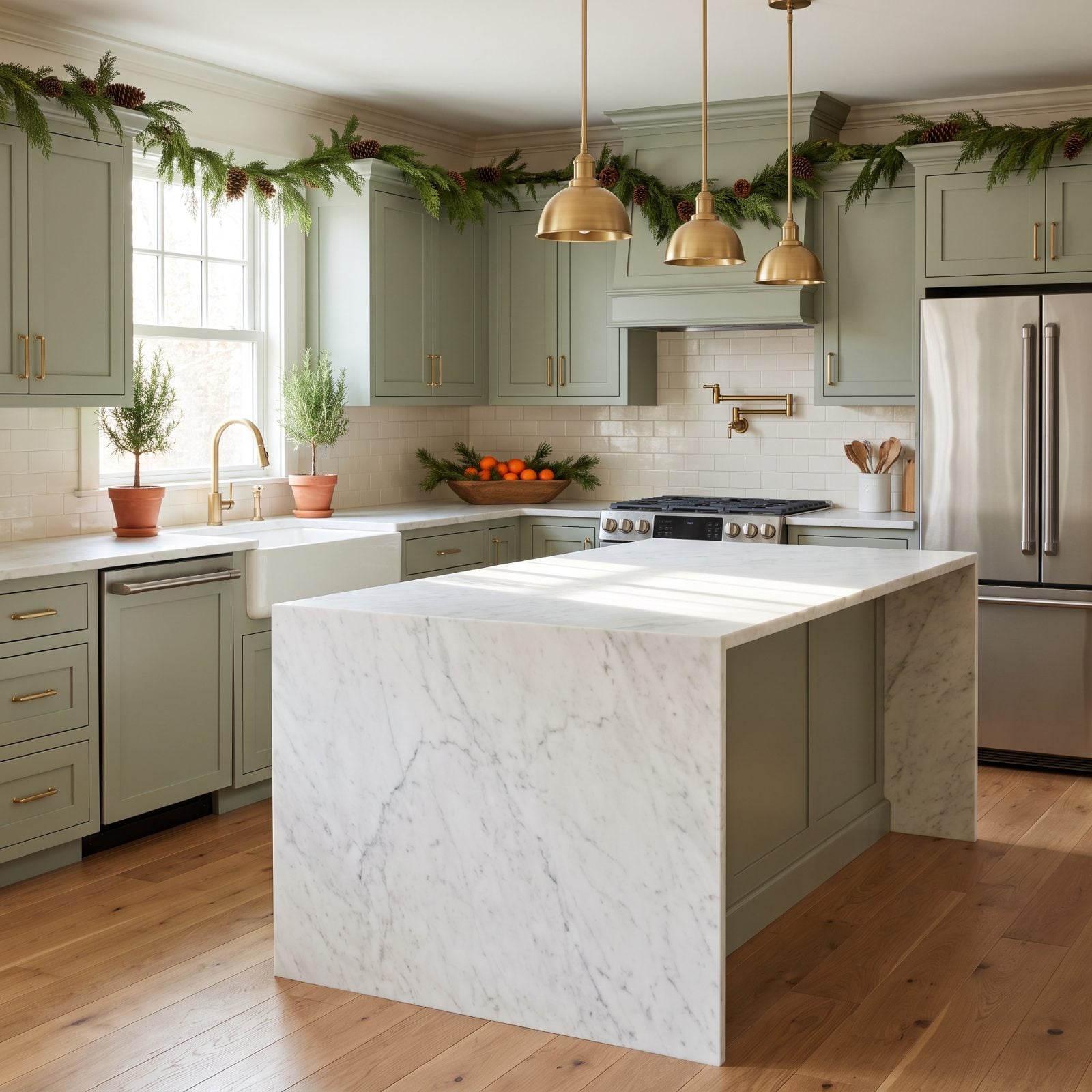 A Clear Kitchen Island Surrounded by Holiday Accents