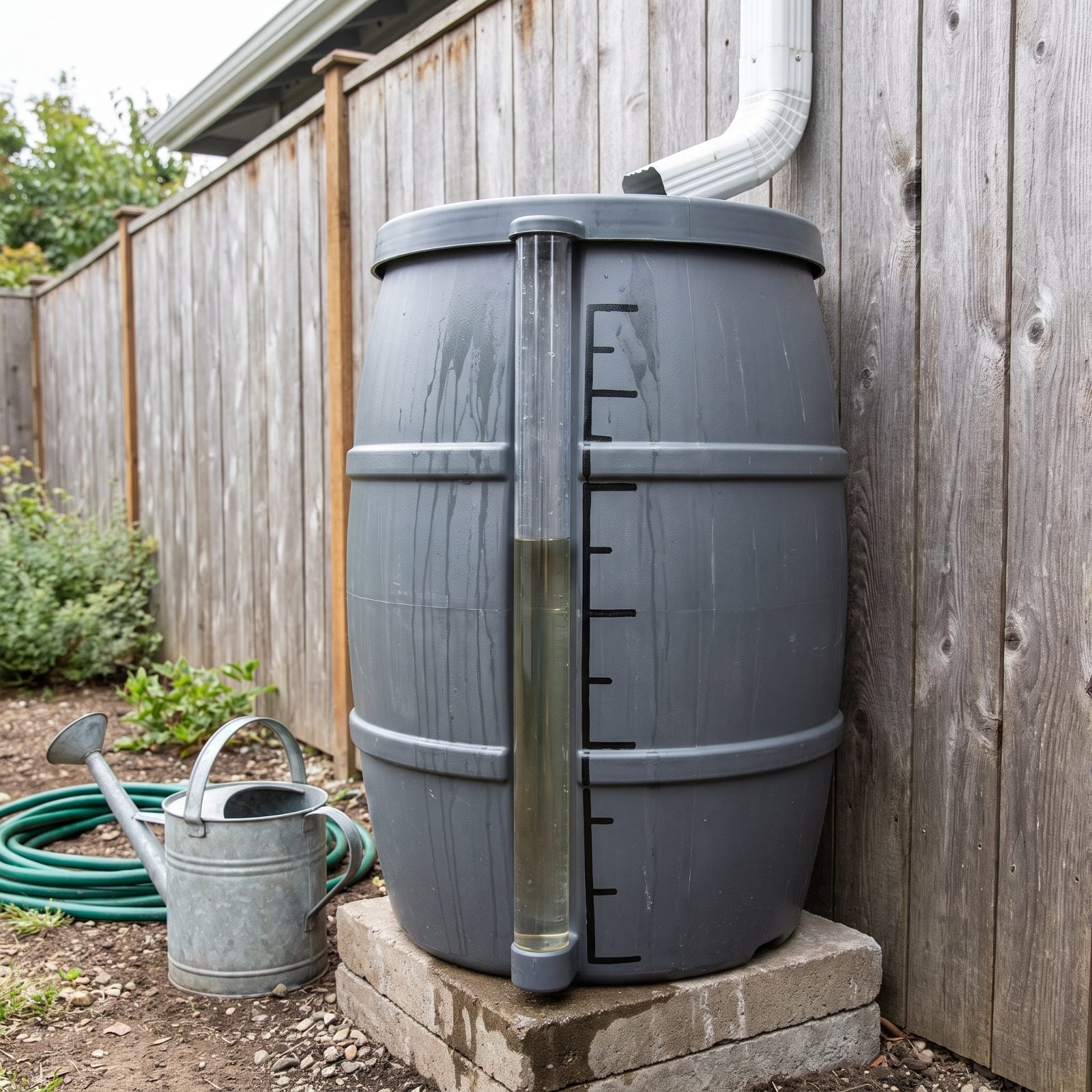 A Clear Level Tube That Shows How Much Water Remains in a Rain Barrel