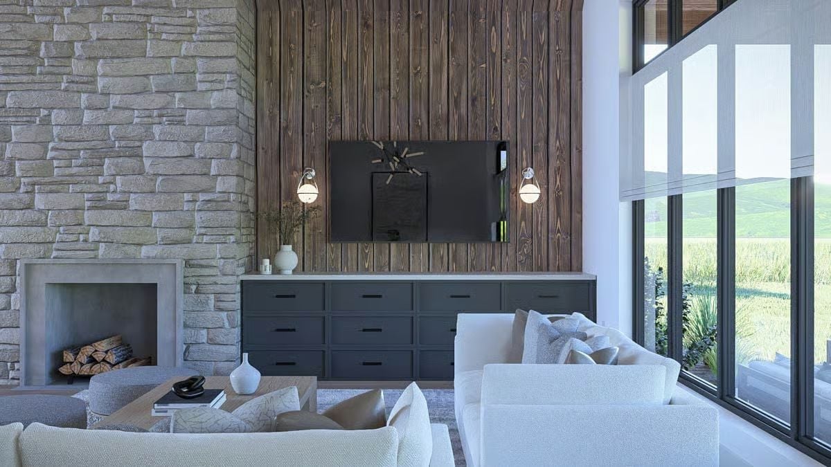 Stone, Wood, and Slate Cabinetry Make This Living Room Feel Like a Mountain Retreat