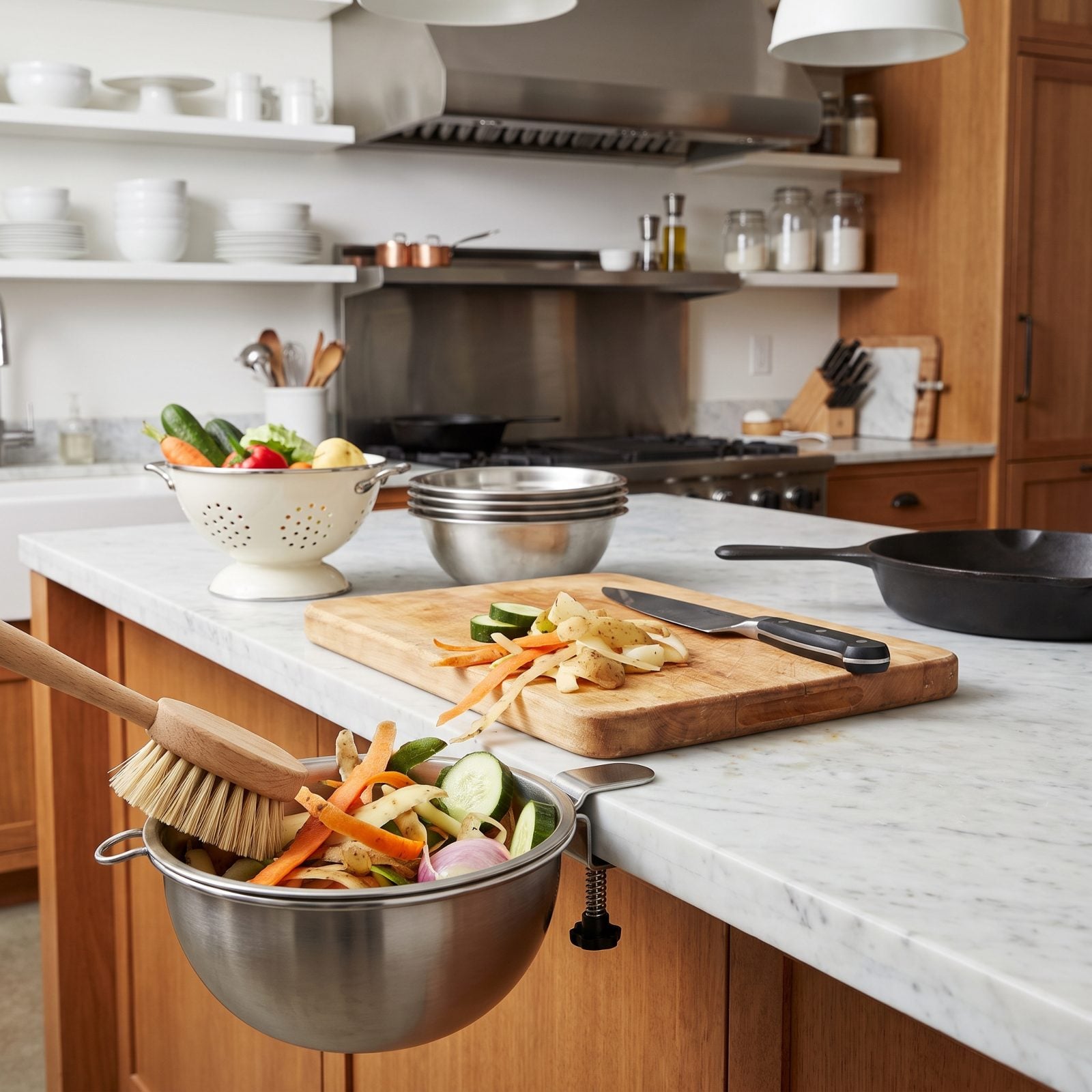Clip a Scrap Bowl to the Counter Edge and Stop Chasing Peels